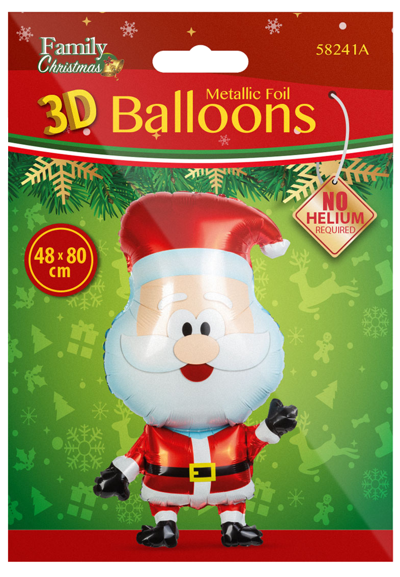 3D Mikulás lufi csomagban. Piros öltöny, fehér szakáll, zöld háttér.