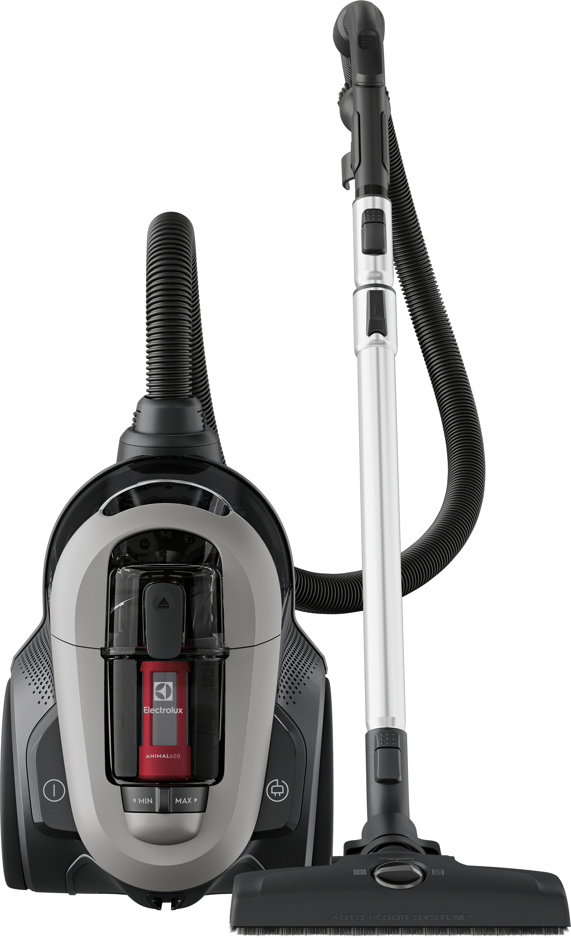 Schwarz-grauer Electrolux Staubsauger. Er hat einen Schlauch und eine Düse. Weißer Hintergrund.
