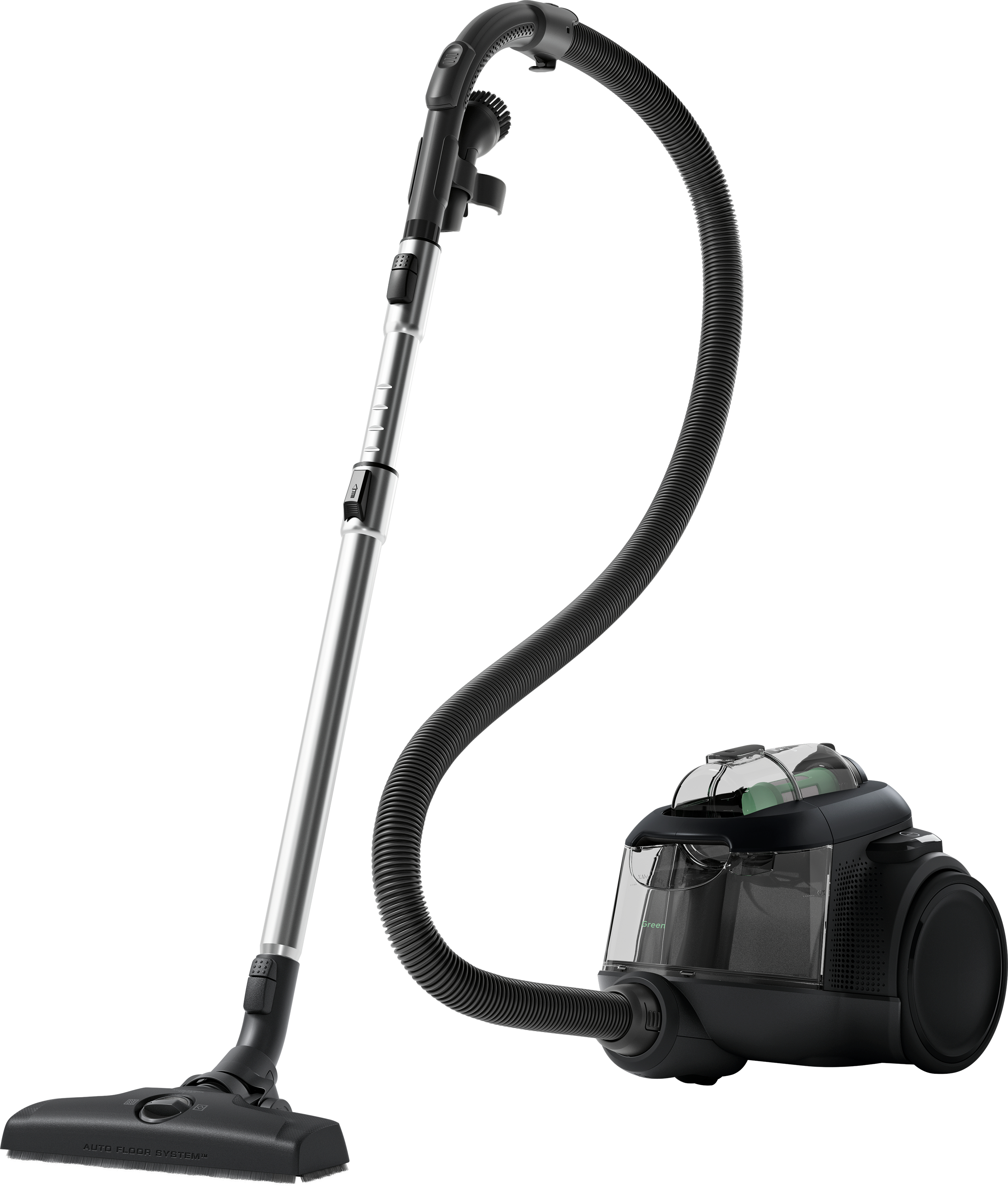Aspirateur vertical. Noir avec extension argentée. Fond blanc.