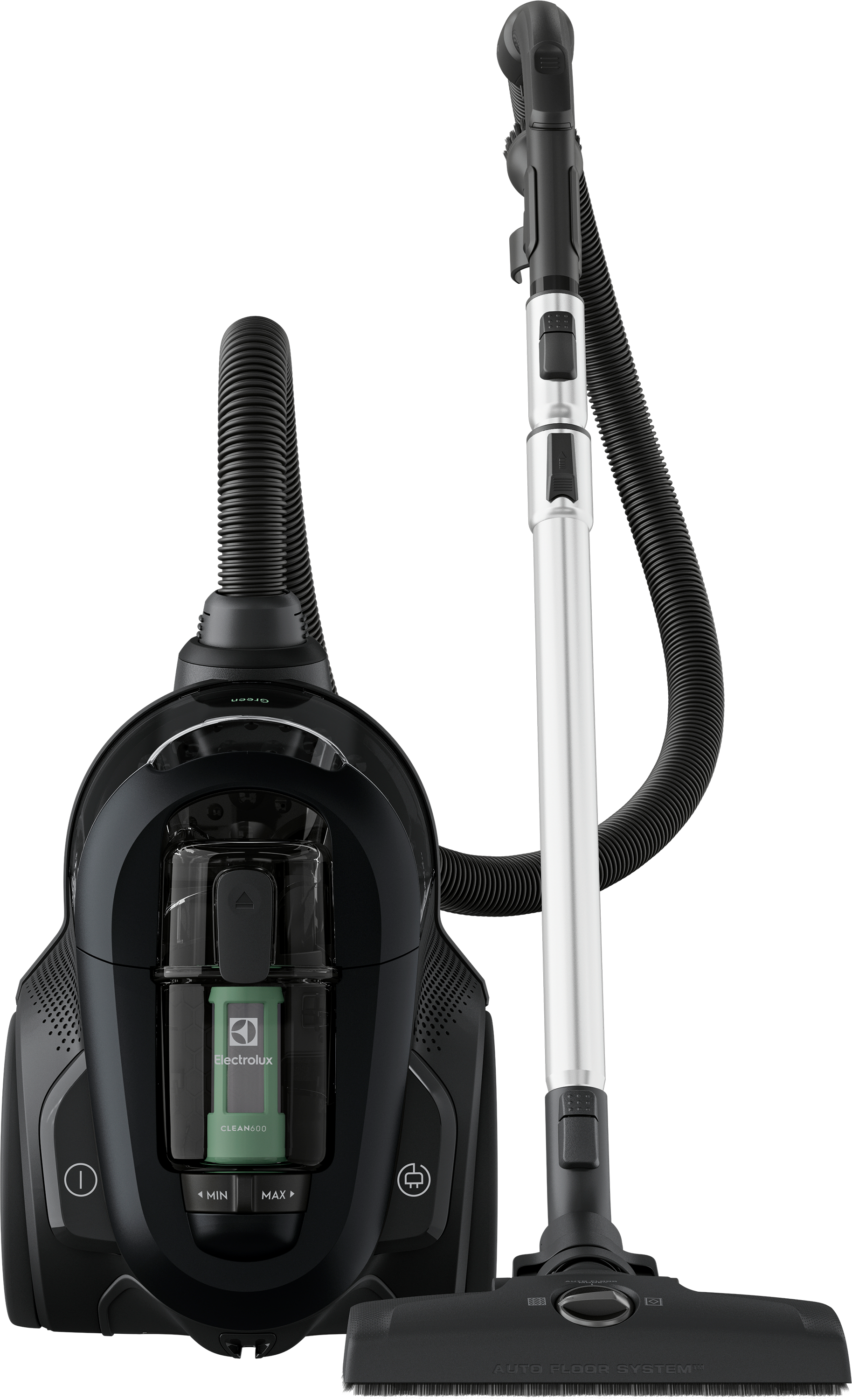 Aspirateur Electrolux noir, avec tuyau et accessoires.