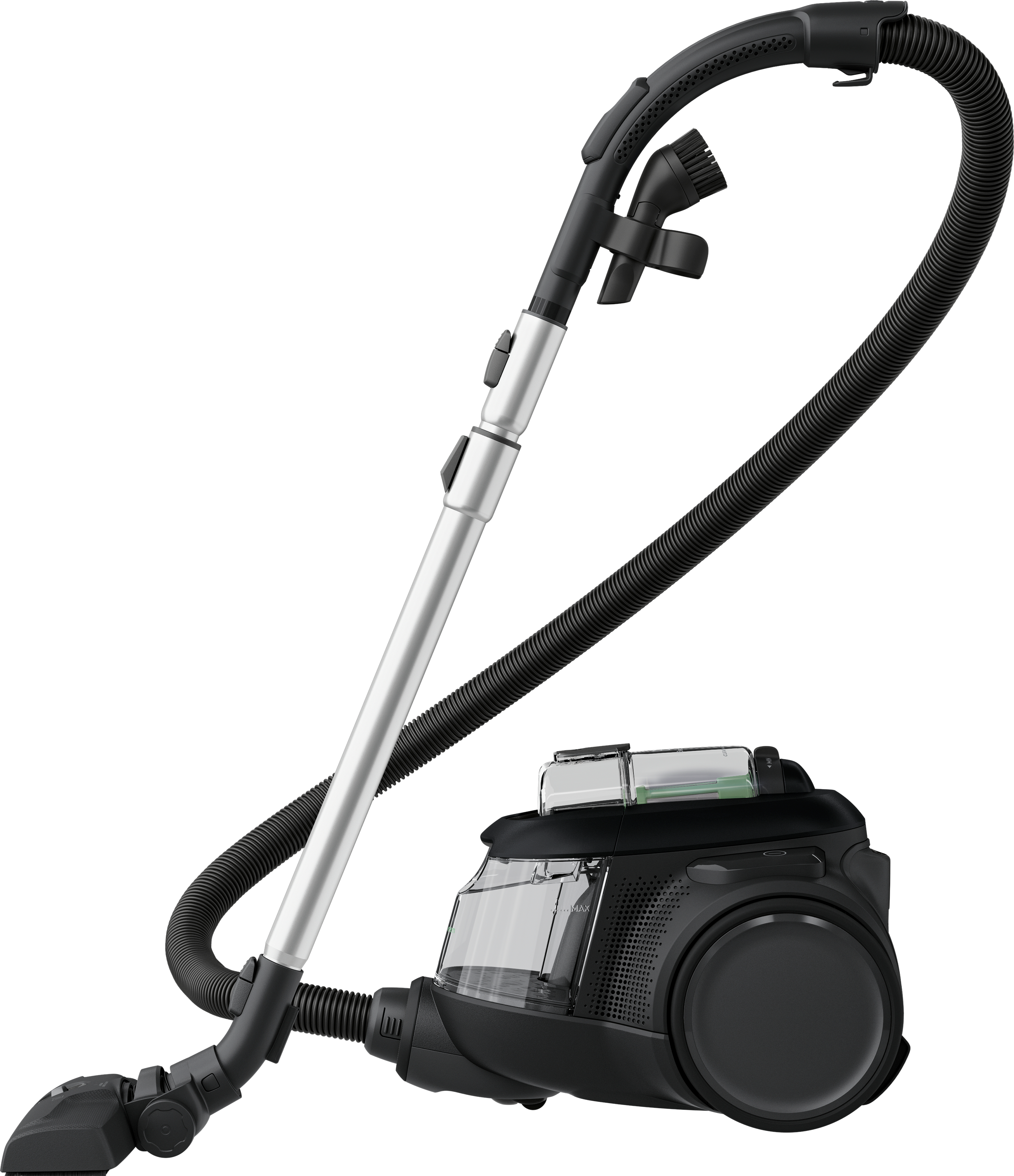 Aspirateur avec corps noir, tube argenté et accessoires.