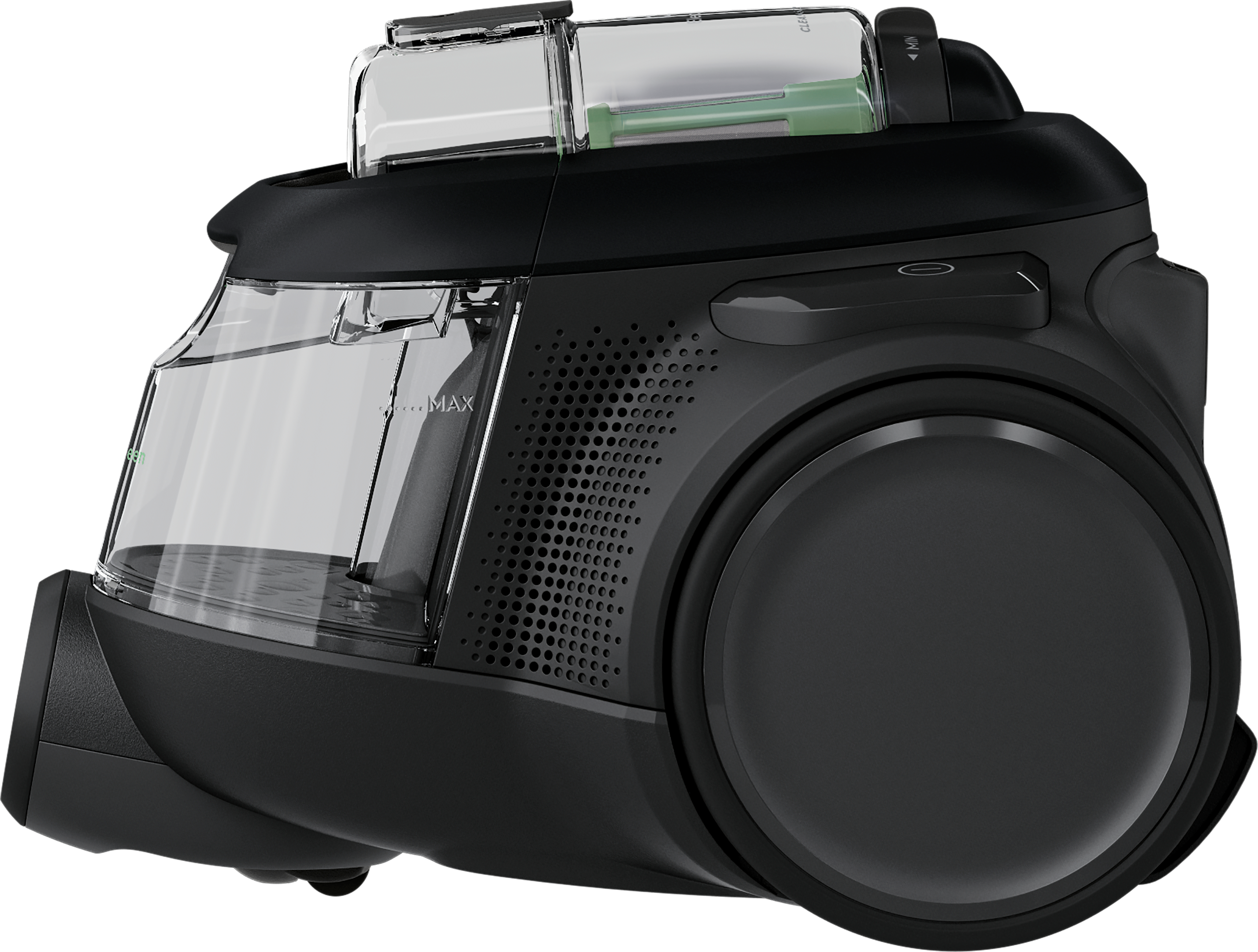 Aspirateur noir avec réservoir d'eau transparent et collecteur de poussière, isolé sur blanc.