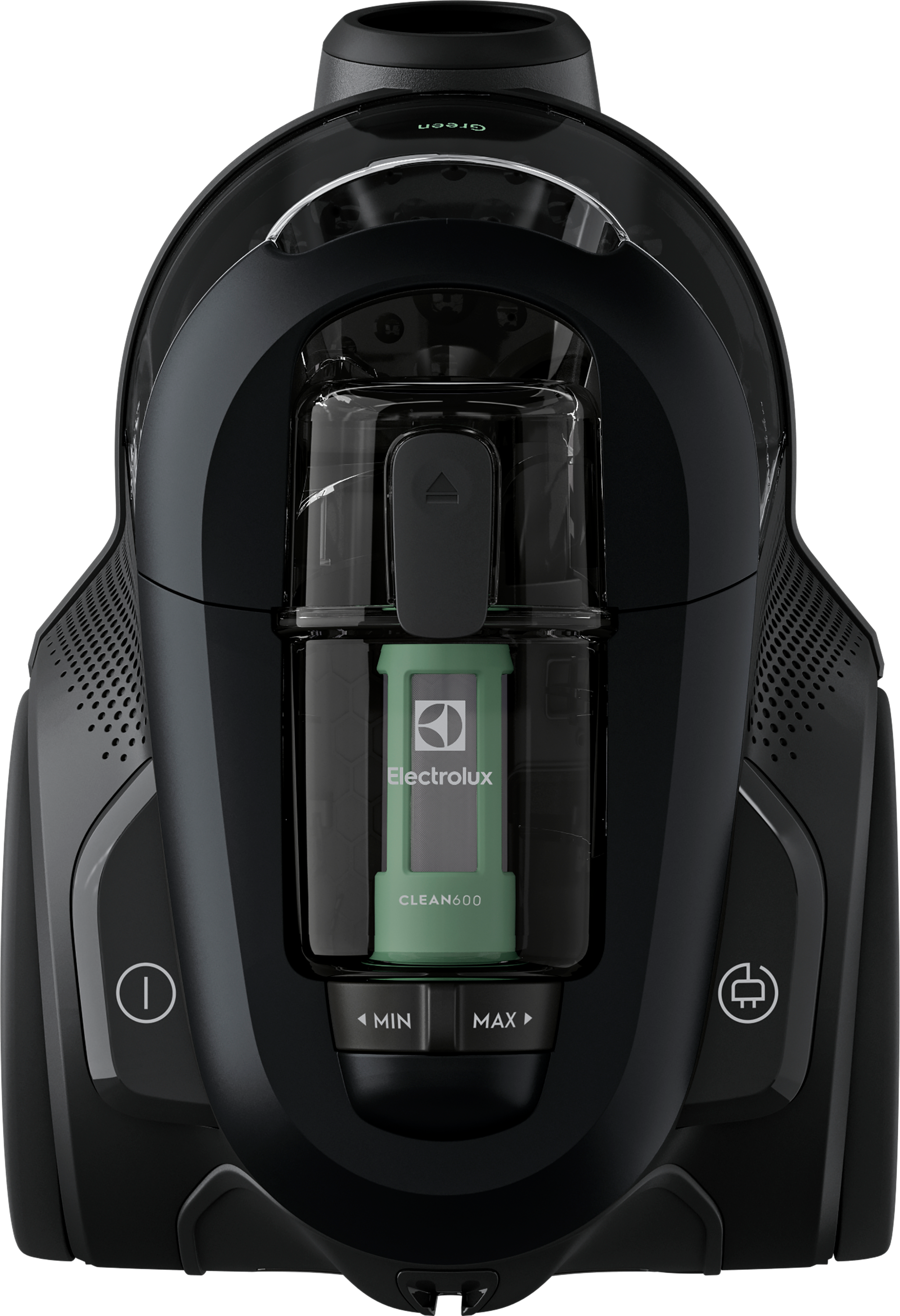 Aspirateur noir avec compartiment à poussière transparent, accent vert.