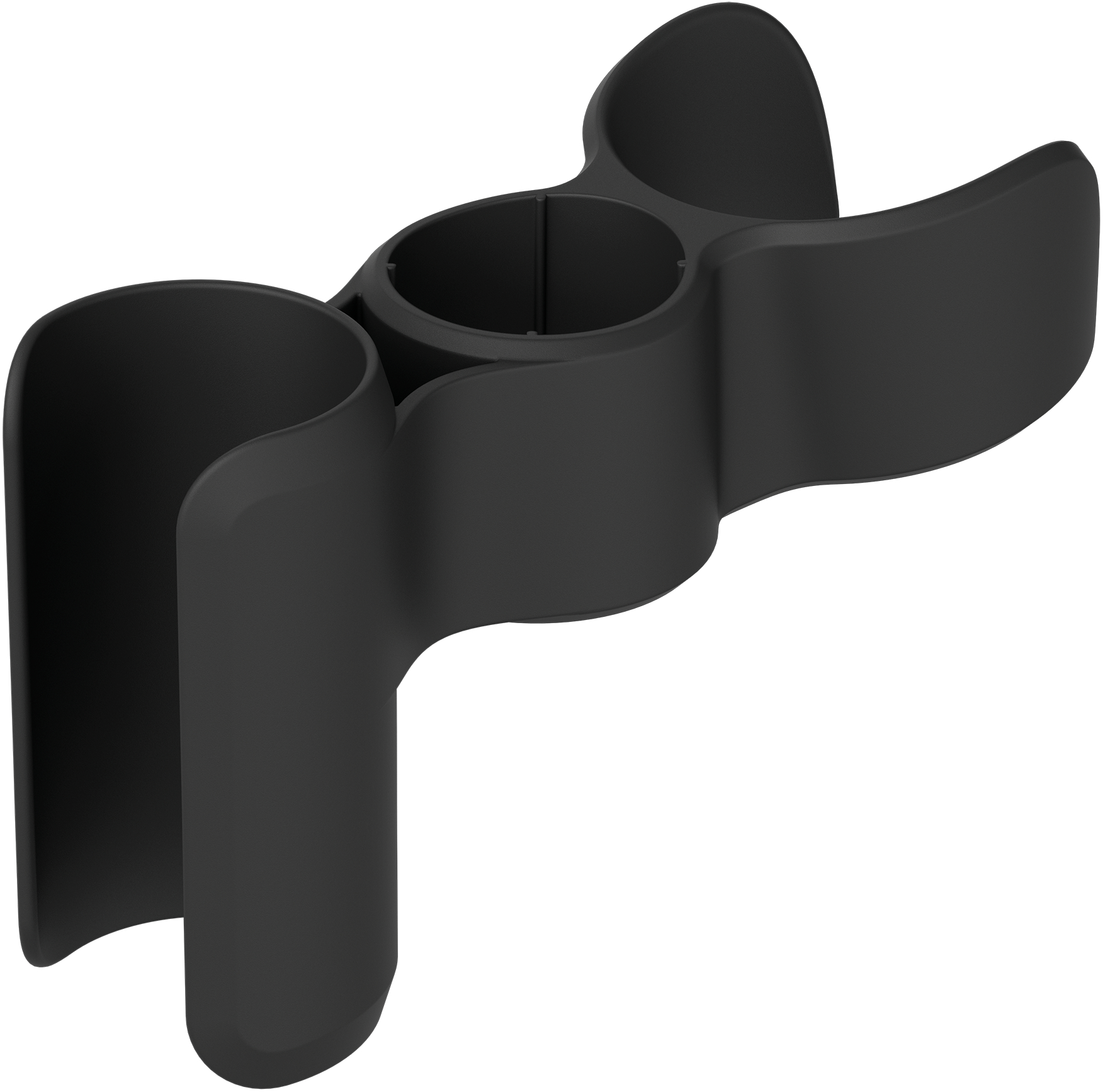 Support de tasse noir avec deux emplacements pour tasses et une poignée, sur fond blanc.