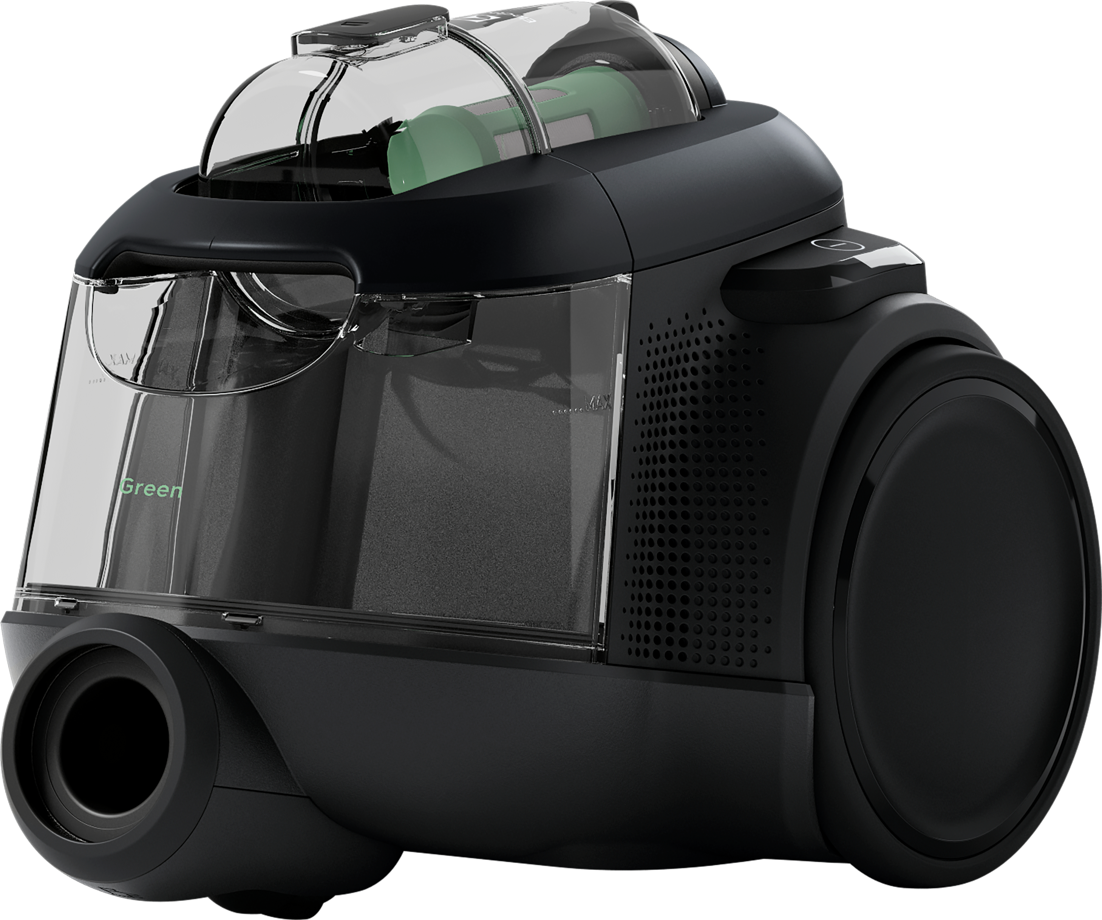Un aspirateur noir avec des contenants transparents et des détails verts est présenté.