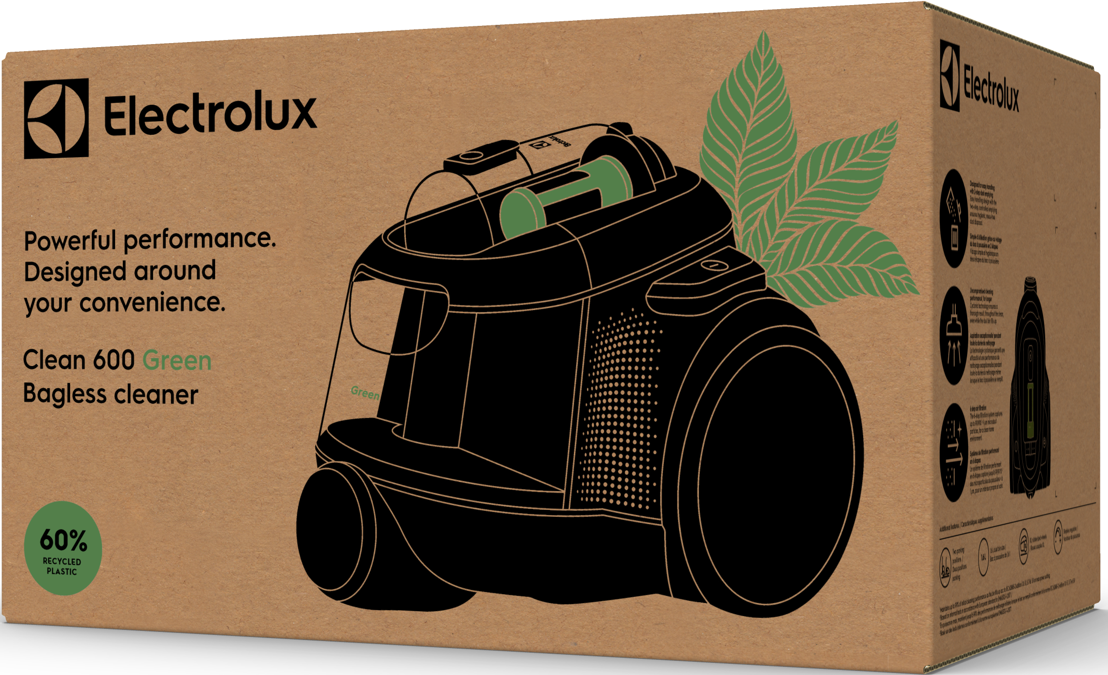 Boîte en carton avec une image d'un aspirateur noir et du texte sur le plastique recyclé.