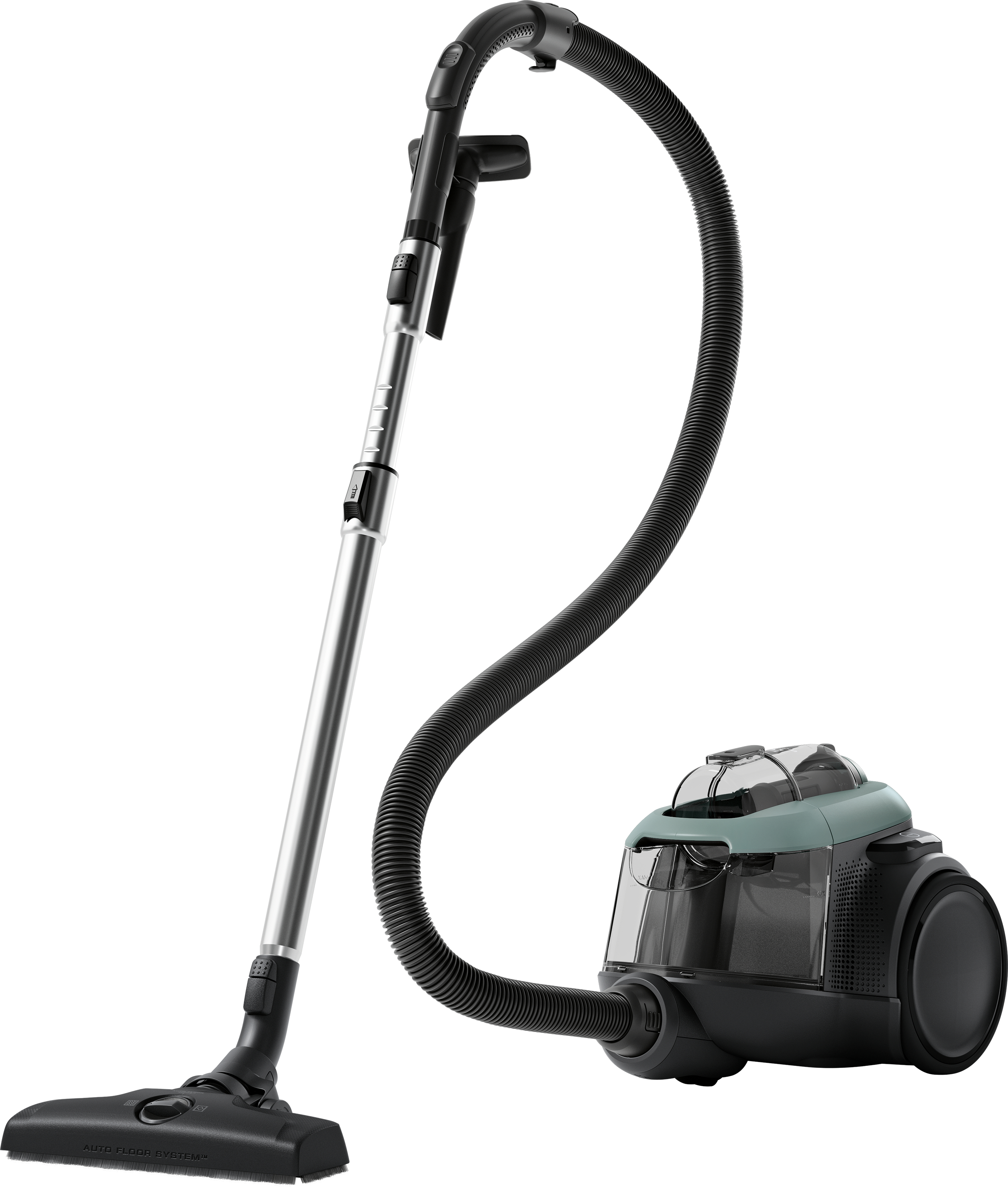 Un aspirateur moderne avec un corps noir, une poignée argentée et un tuyau noir, sur fond blanc.