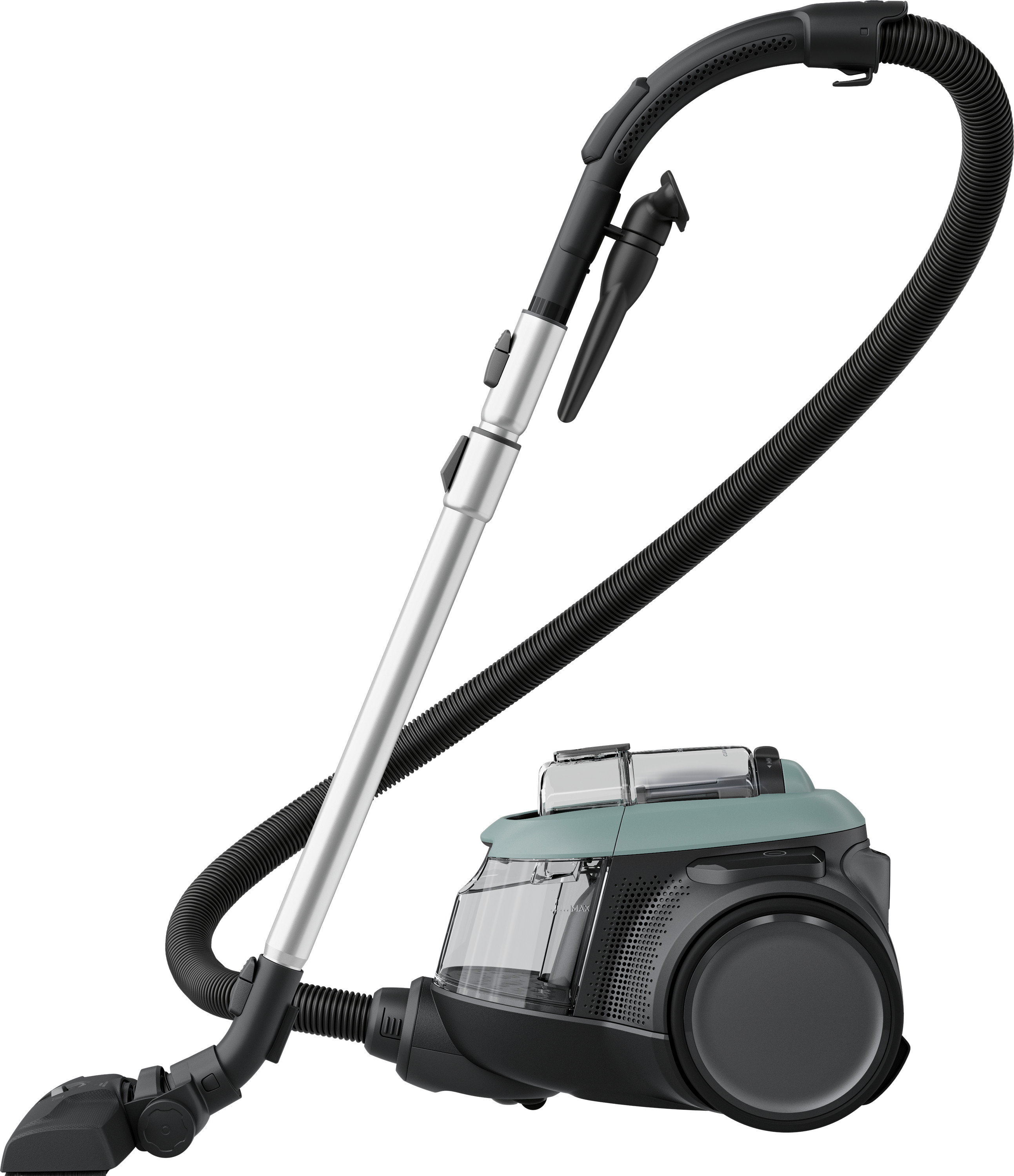 Un aspirateur avec un tuyau et une tête extensibles, schéma de couleurs sarcelle et noir.