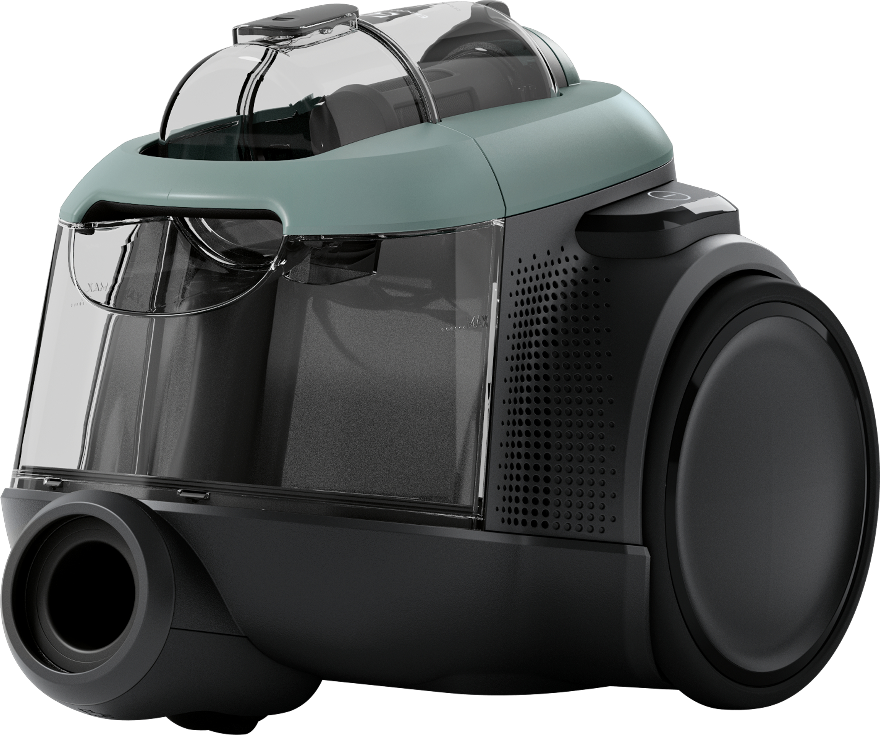 Un aspirateur avec un corps noir et un conteneur transparent.