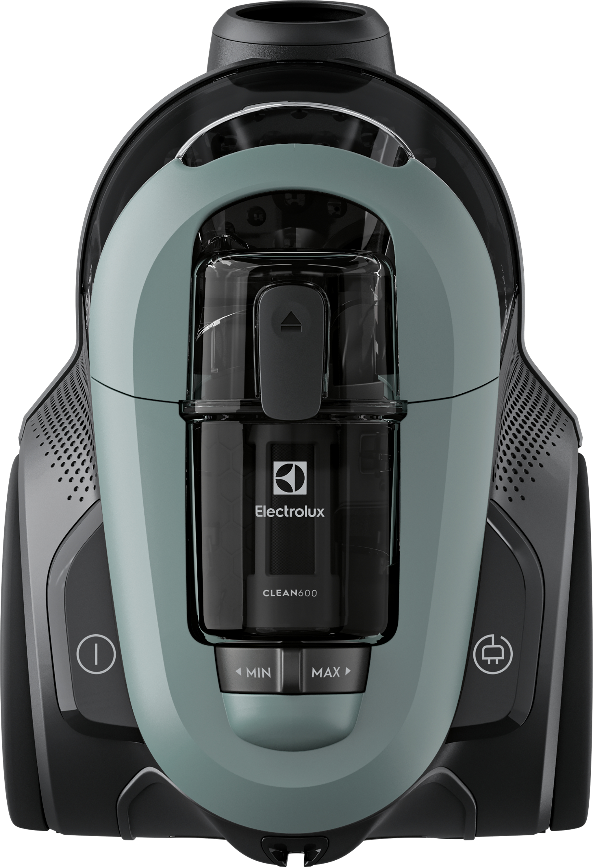 Aspirateur Electrolux, bleu-vert et noir, avec un conteneur à poussière transparent.