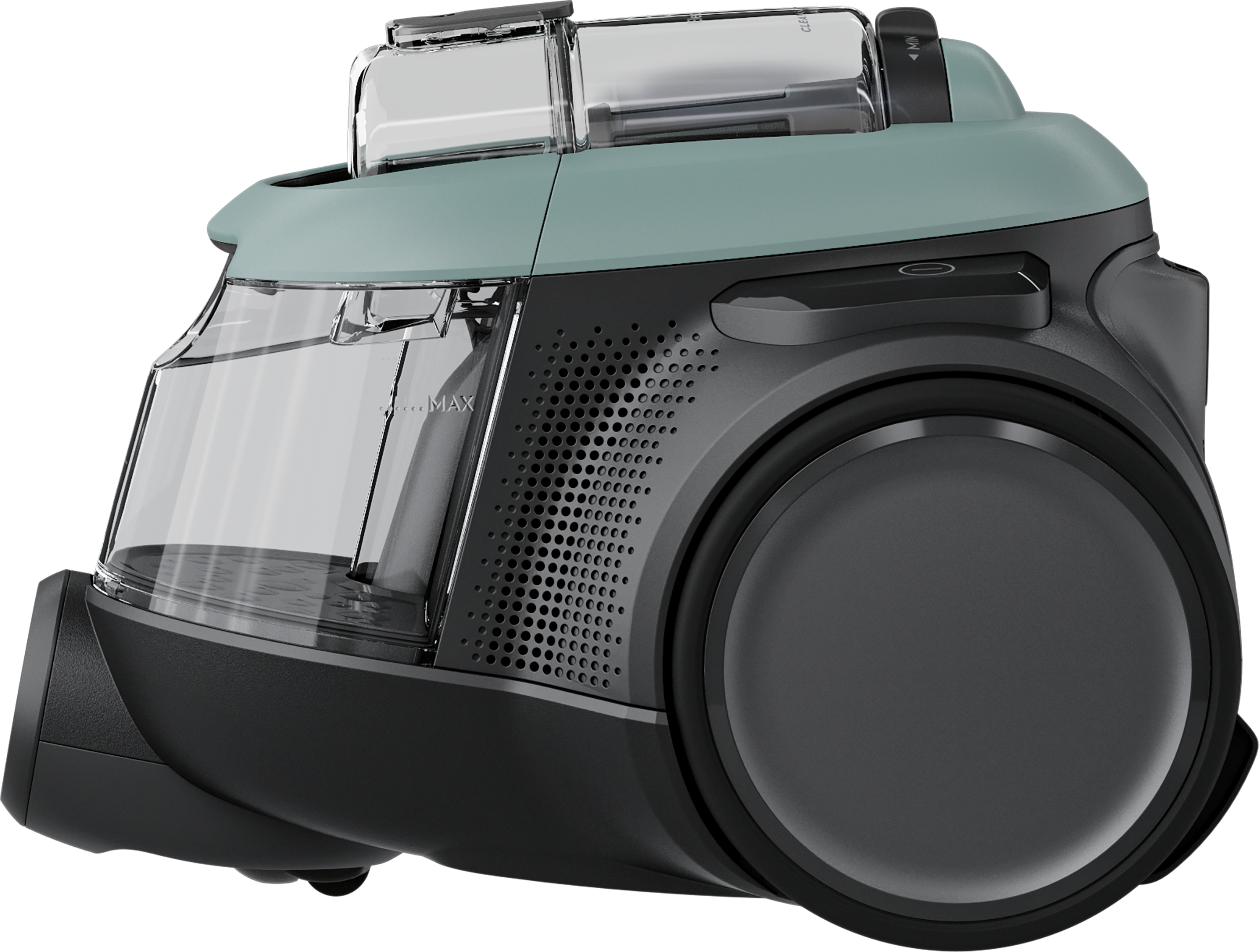 Un aspirateur noir et sarcelle. Montre un bac à poussière transparent et une grande roue sur le côté.