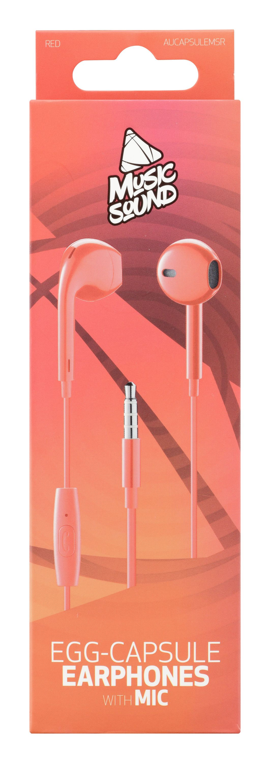 Mikrofonlu kırmızı kulaklıklar, "Egg-Capsule Earphones" yazılı bir kutuda sergileniyor.