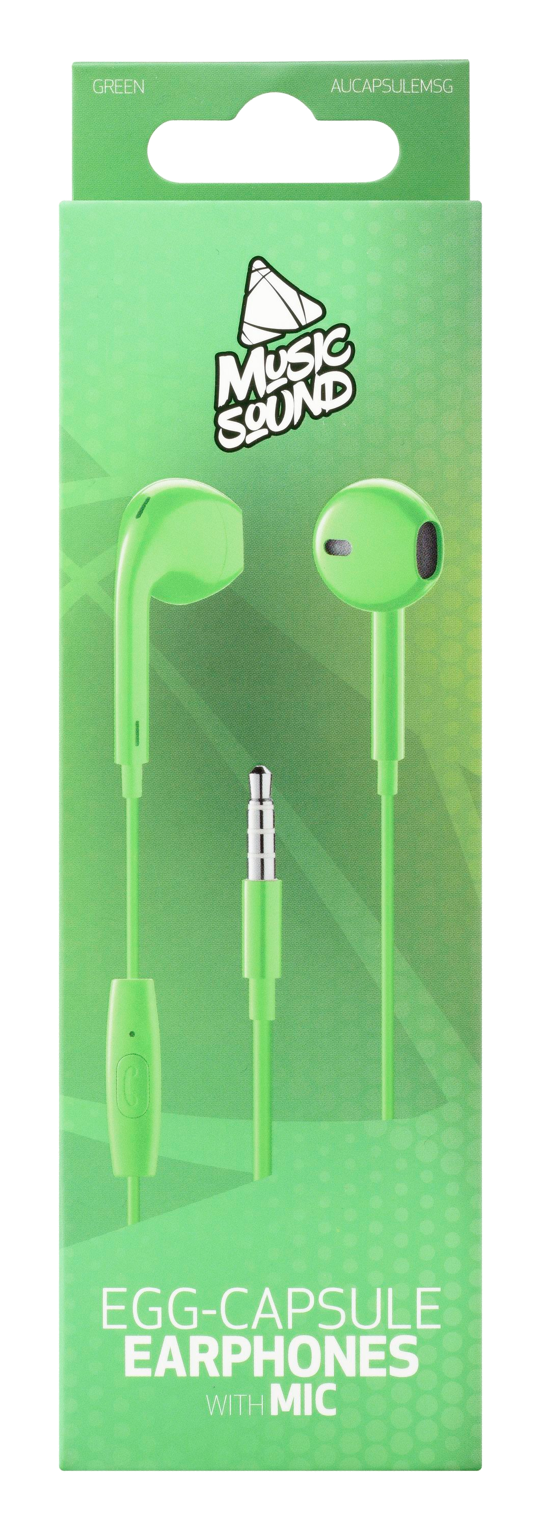 Yeşil mikrofonlu kulaklıklar yeşil kutuda. Kutuda 'Egg-Capsule Earphones' yazıyor.