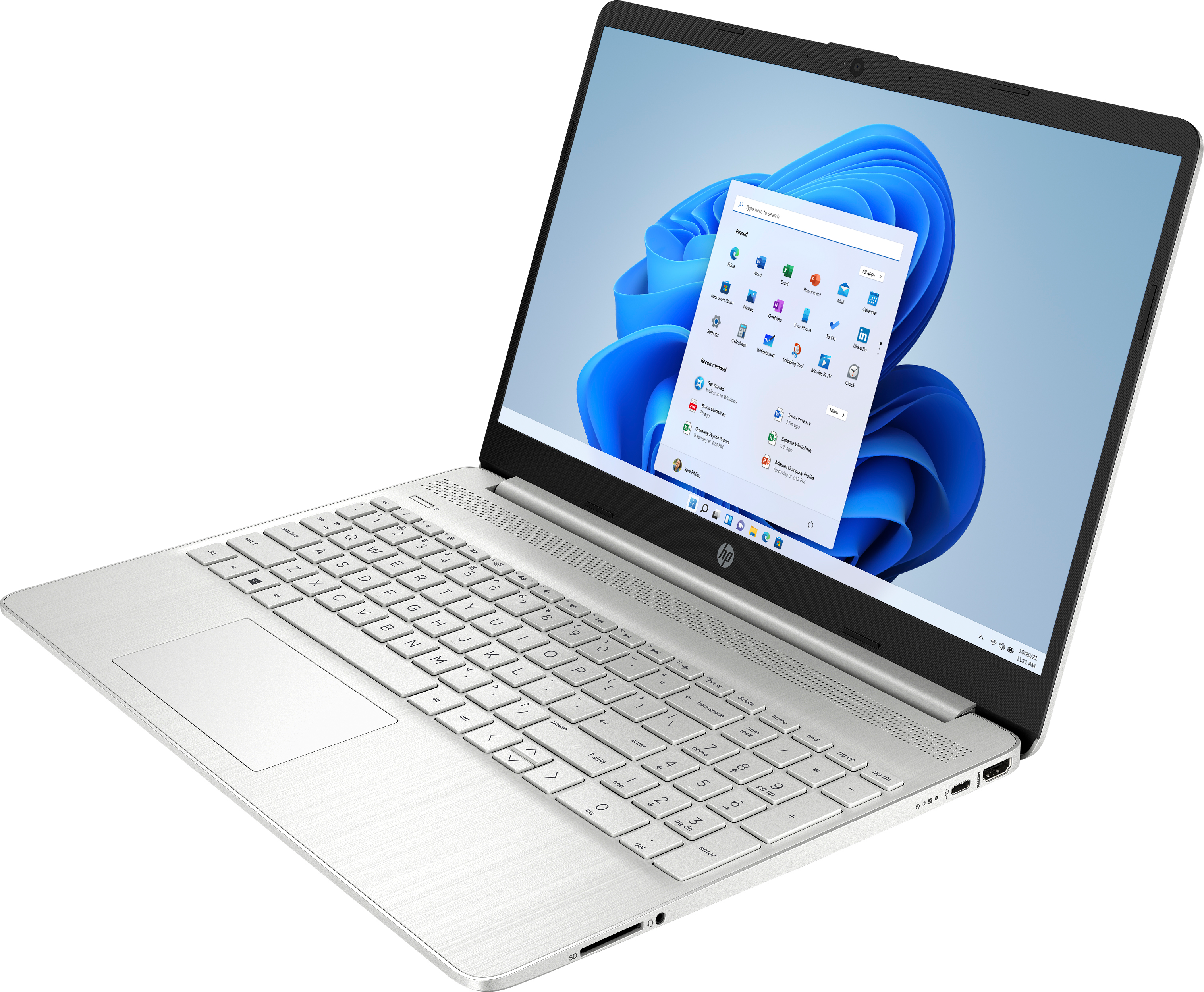 Un portátil plateado con teclado blanco y pantalla abierta que muestra una interfaz de Windows 11.