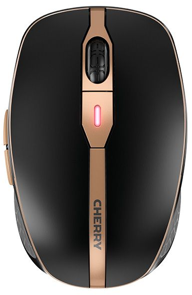 Schwarze und goldene Computermaus mit rotem Licht.