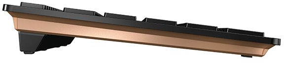 Tastatur, Seitenansicht, Gold und Schwarz, zum Tippen abgewinkelt.