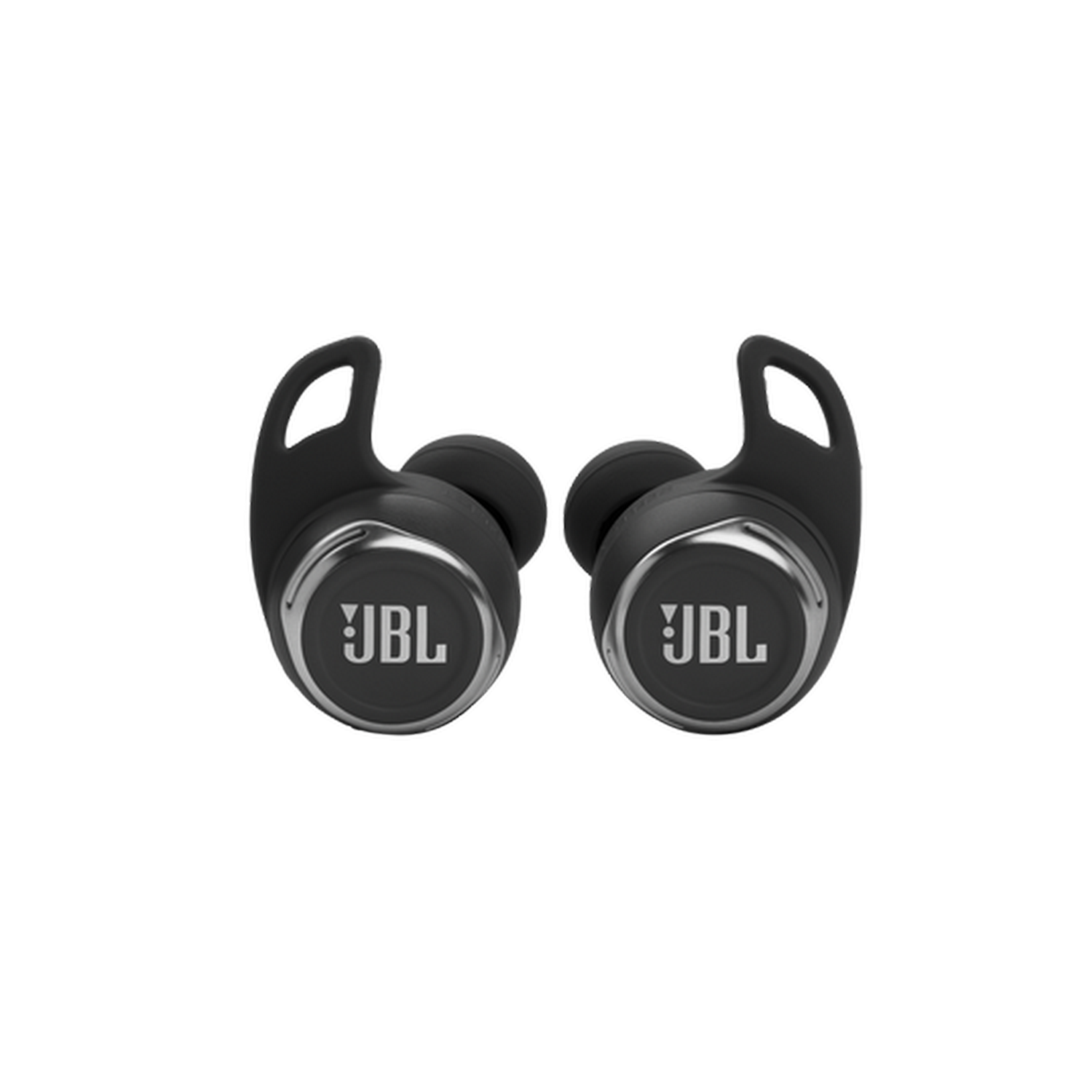 Auriculares inalámbricos JBL negros con logo JBL plateado, aislados sobre fondo negro.