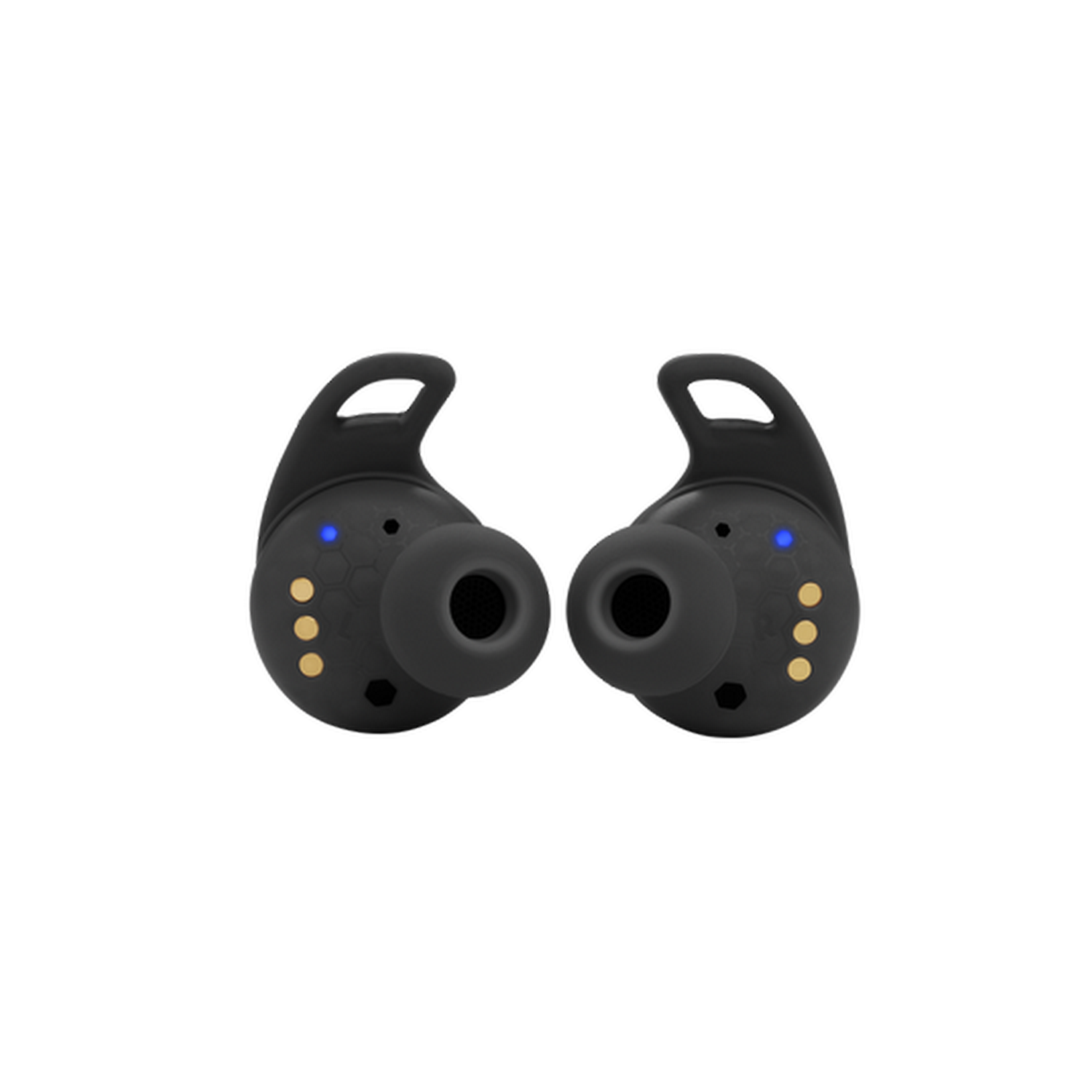 Dos auriculares inalámbricos negros con detalles azules y dorados, sobre fondo negro.