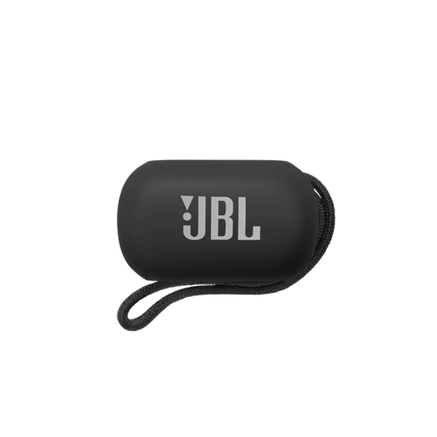 Altavoz JBL negro, ovalado, con correa, sobre fondo oscuro.