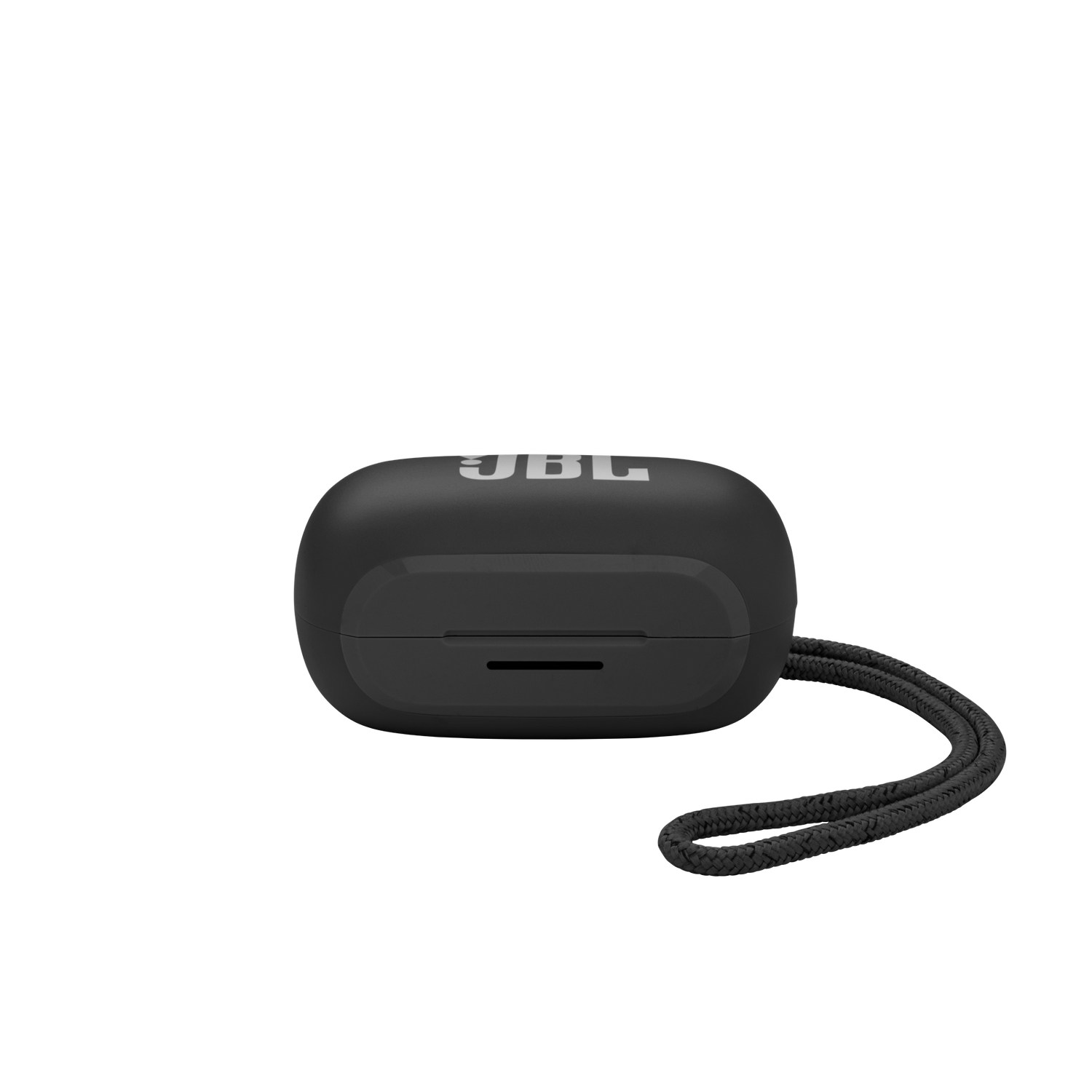 Funda de auriculares JBL negra con una correa pequeña, la funda está cerrada y sobre un fondo negro.