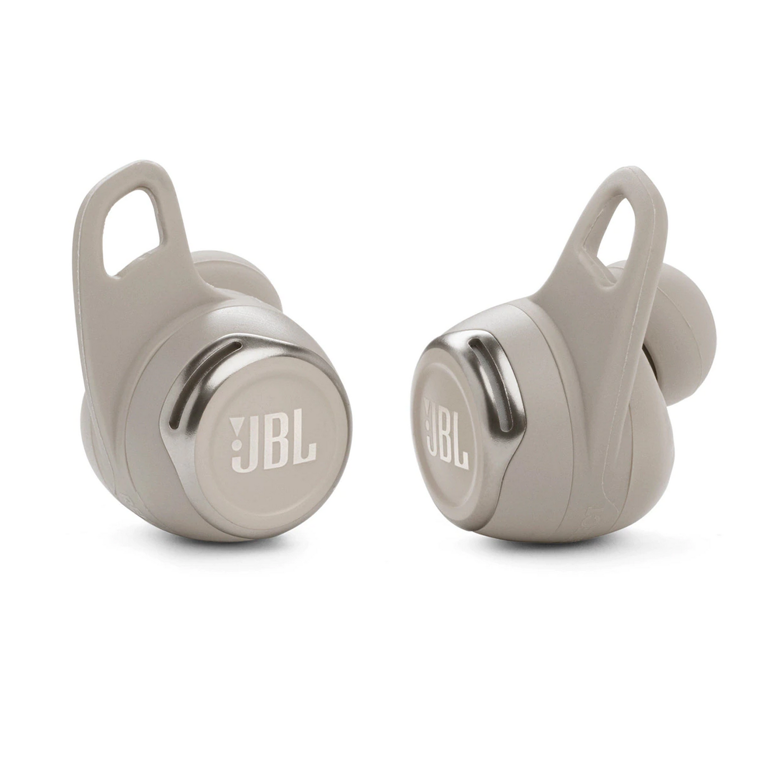 Dos auriculares JBL grises. Miran en diferentes direcciones. JBL está impreso en cada auricular.