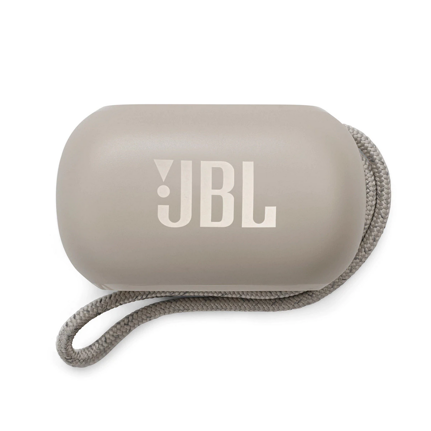 Un altavoz JBL gris con un asa de cuerda gris, aislado sobre fondo blanco.