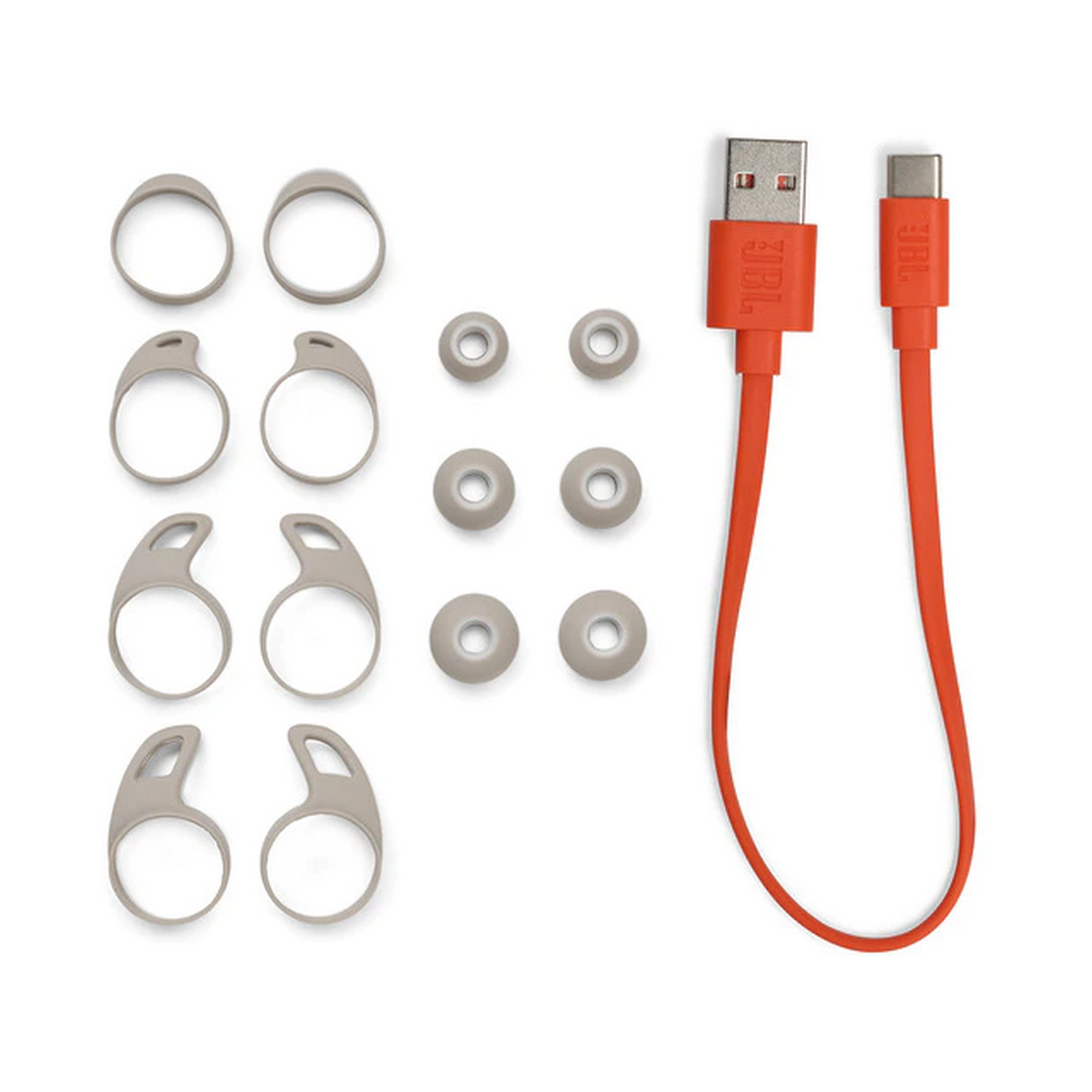 Accesorios para auriculares: almohadillas y ganchos para las orejas de diferentes tamaños, con cable USB-C.