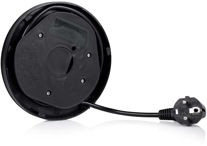 Base noire d'une bouilloire électrique avec cordon d'alimentation et prise.