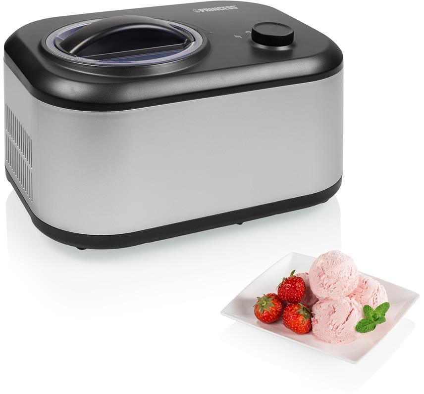 Silver and black ice cream maker with ice cream and strawberries.