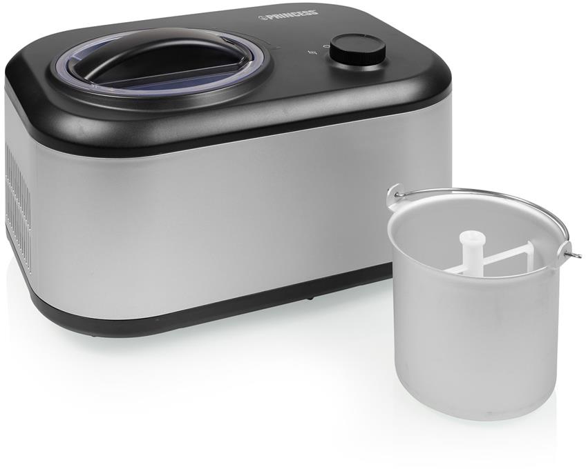 Silver and black ice cream maker with a removable ice cream bucket next to it.