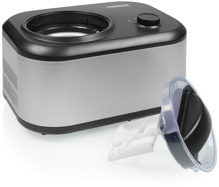 Ice cream maker with lid and paddle, silver and black design.