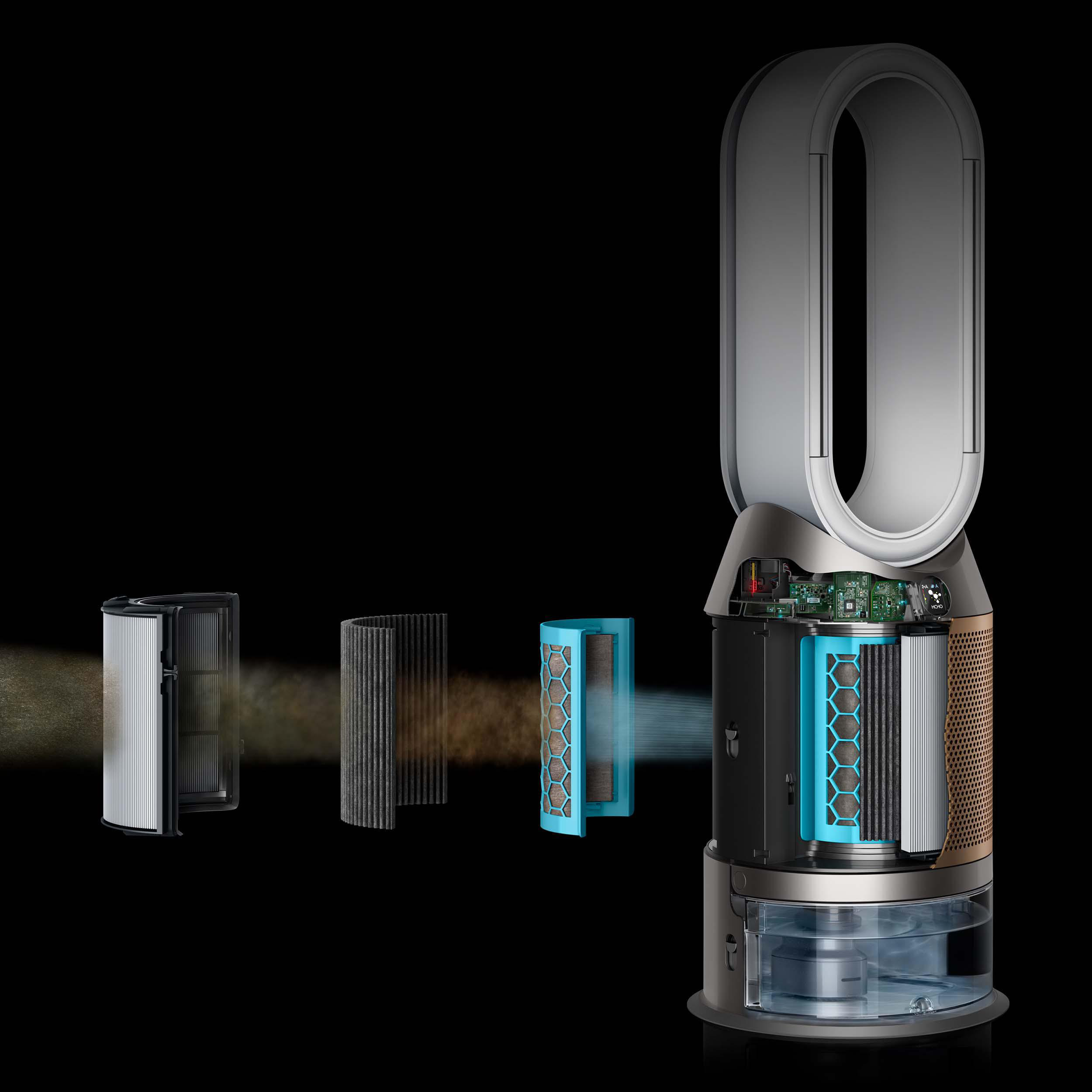 Zerlegter Dyson Luftreiniger. Zeigt Filter, Lüfter und Wasserbehälter. Schwarzer Hintergrund.