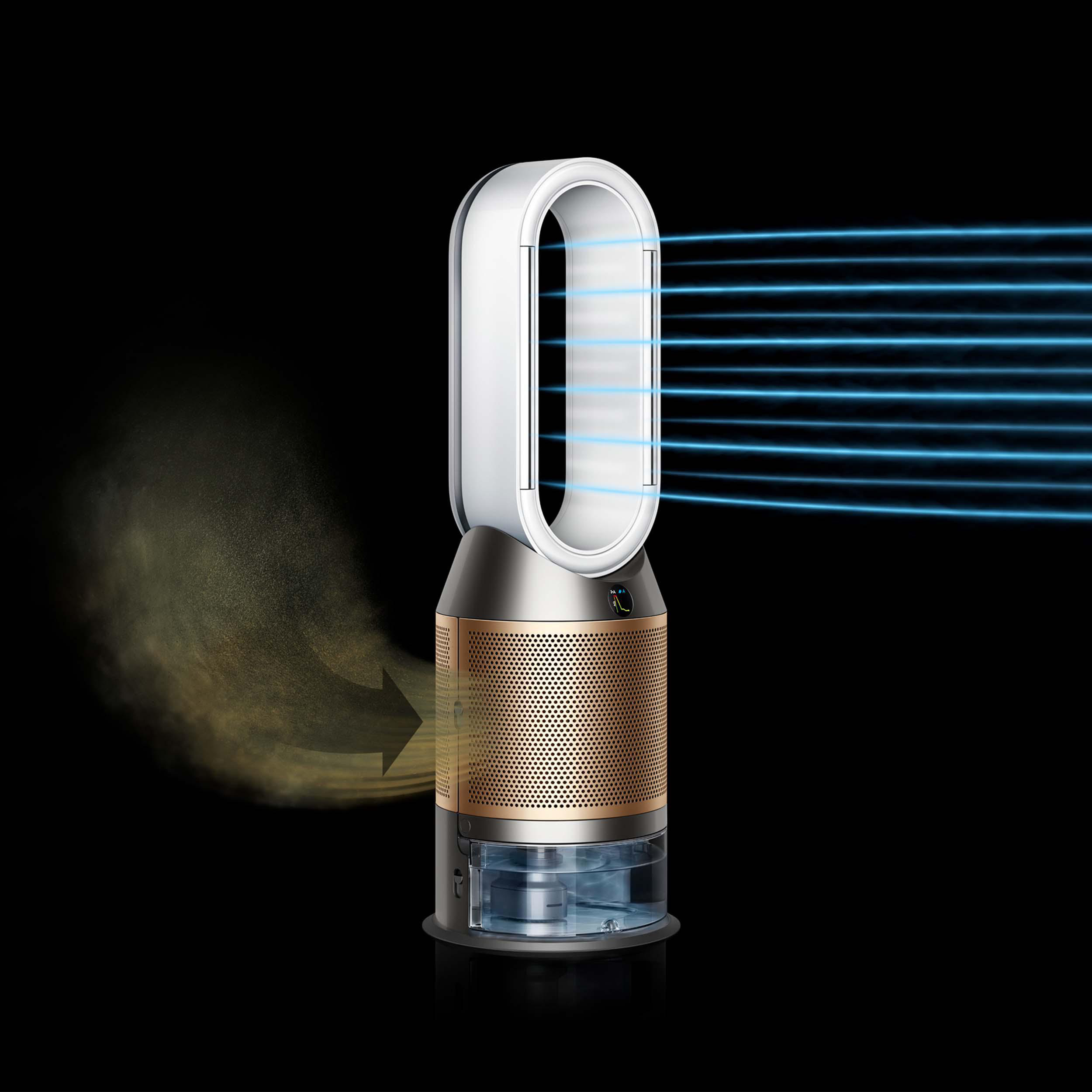 Weiß-goldener Dyson Luftreiniger mit blauen Luftstromlinien vor schwarzem Hintergrund.