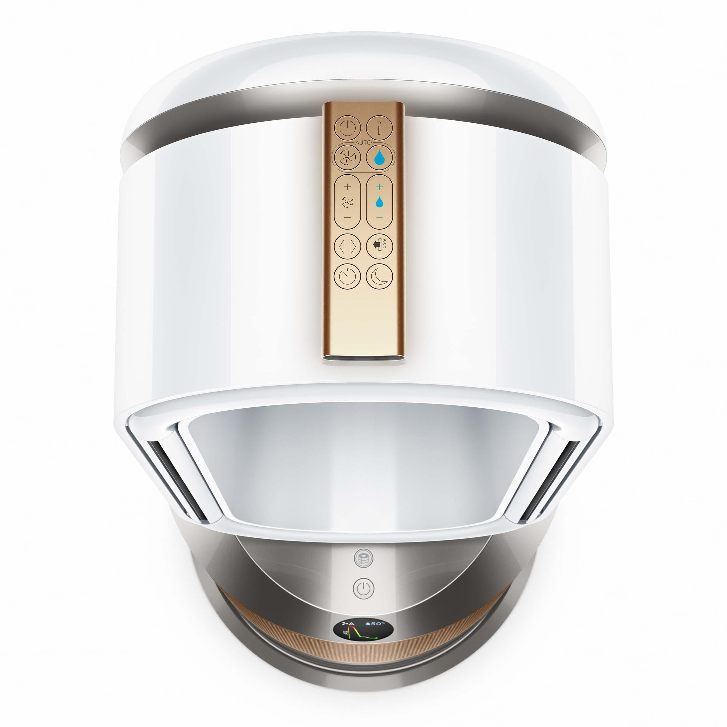 Weißer und goldener Luftreiniger. Ansicht von oben mit Bedienelementen.