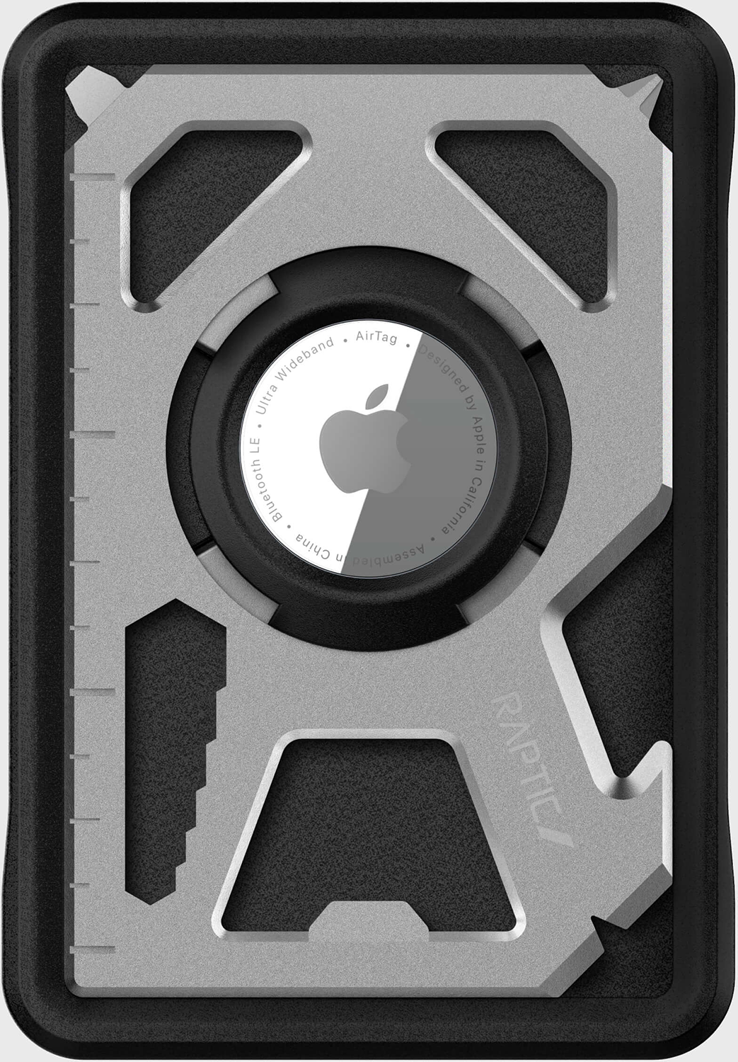 Silver and black multi-tool with a white Apple AirTag in the center.