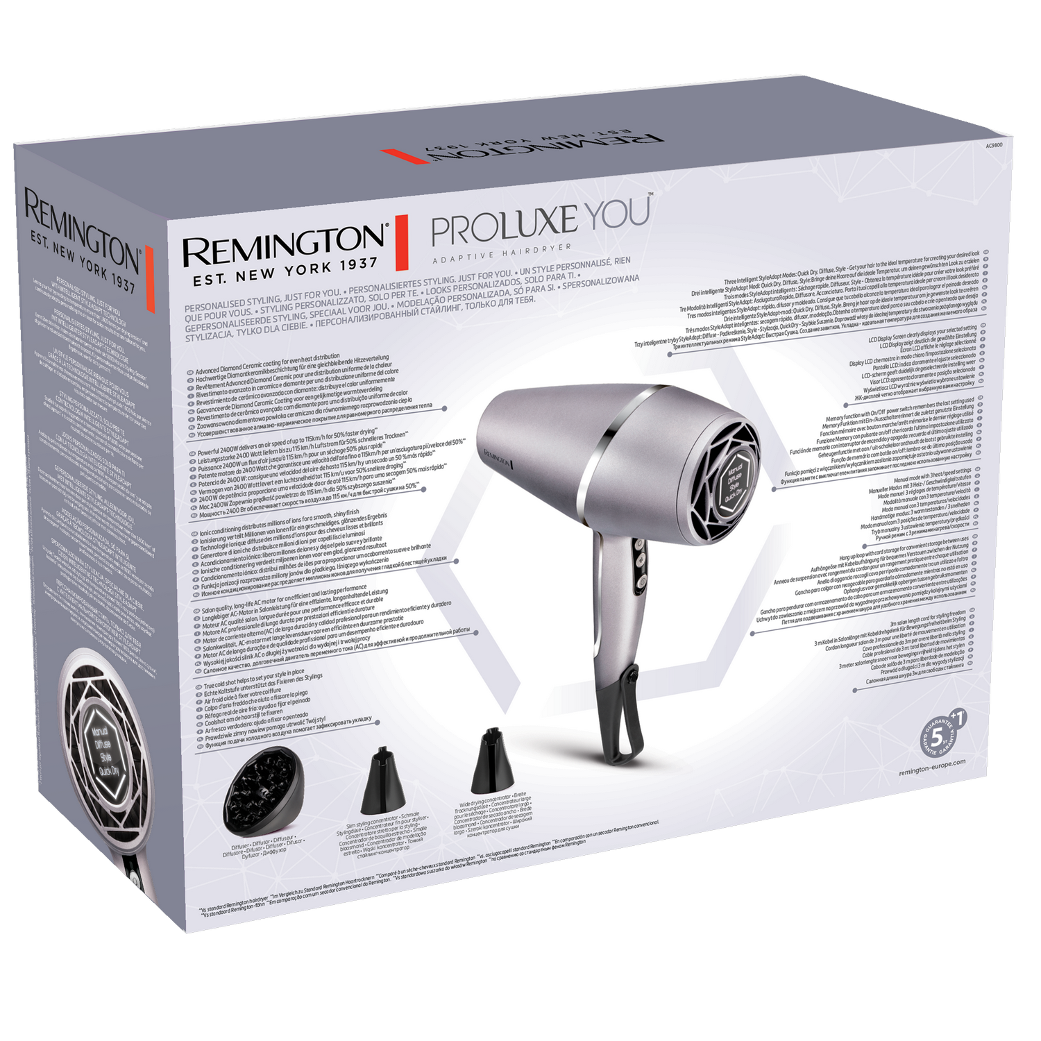 Caja del secador de pelo Remington Proluxe You con el secador y accesorios.