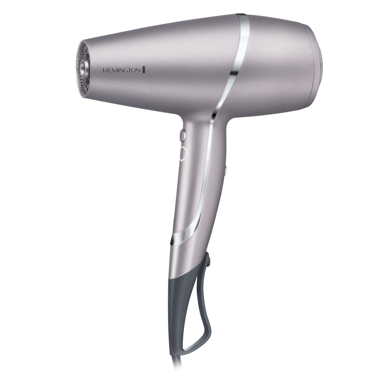 Un secador de pelo Remington plateado con un mango curvo, aislado sobre negro.