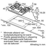 Diagram of a gas stove with dimensions and cut-out requirements.