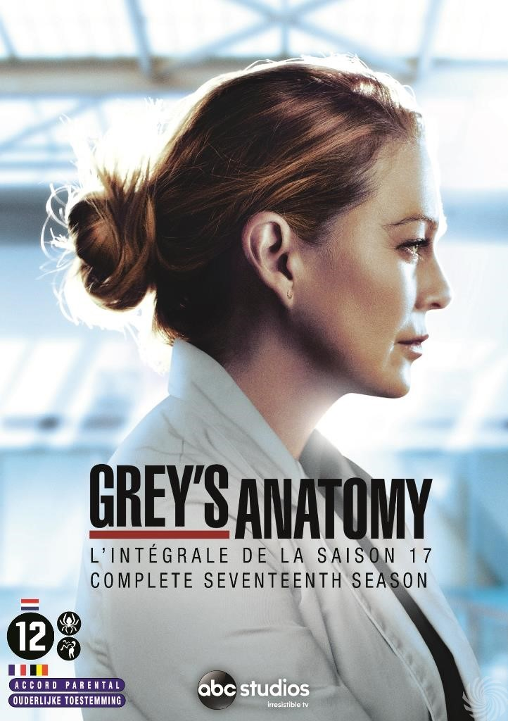 Grey's Anatomy dvd-hoes. Een vrouwengezicht in profiel, met serietitel en tekst.