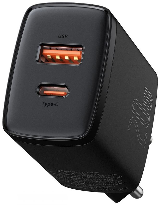USB ve Type-C etiketli iki bağlantı noktası olan siyah USB şarj cihazı, 20W.