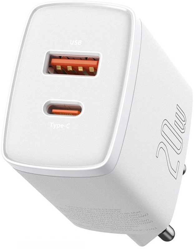 Turuncu USB ve Type-C portlu beyaz 20W USB şarj cihazı.