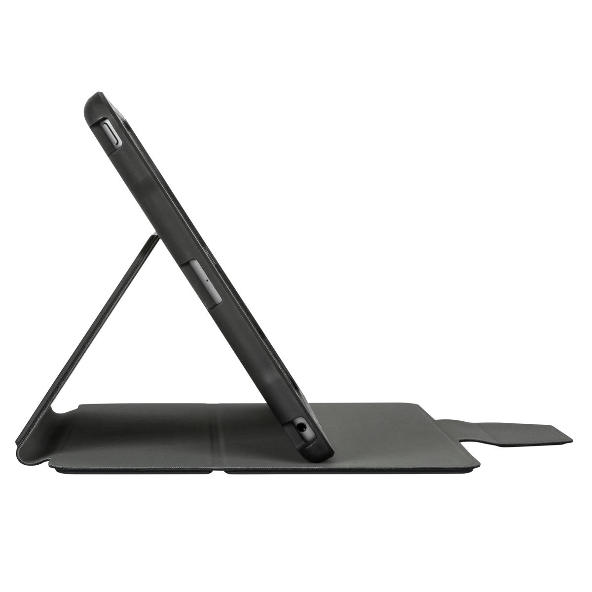 Siyah kılıflı tablet, desteklenmiş. Kılıf açık ve tablet ekranda.