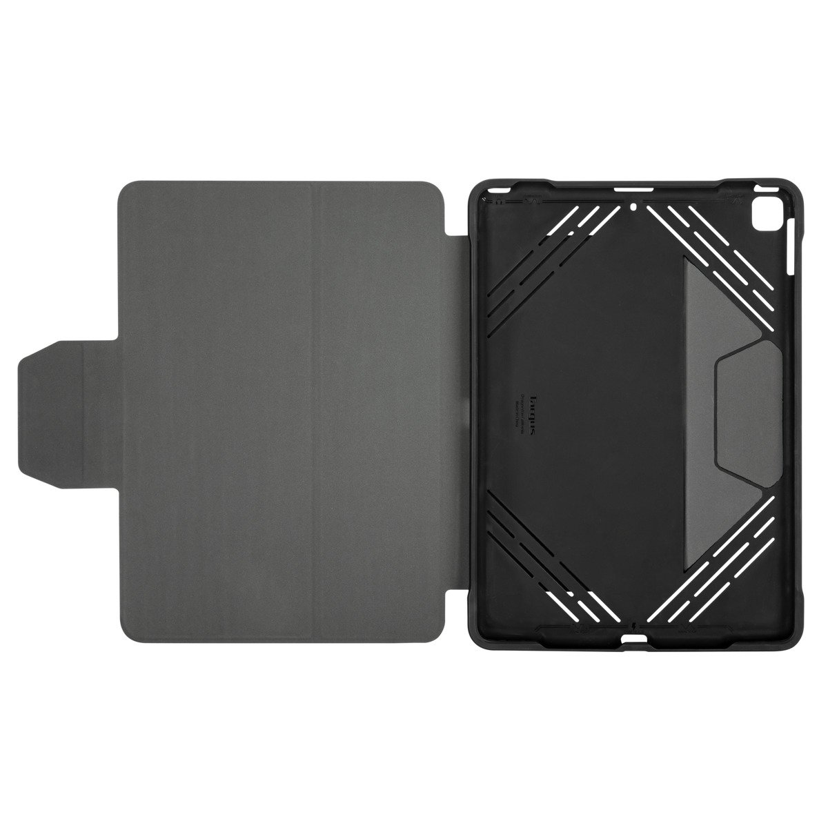 Gri Targus iPad kılıfı, siyah iç kısım ve cepleri gösteriyor.