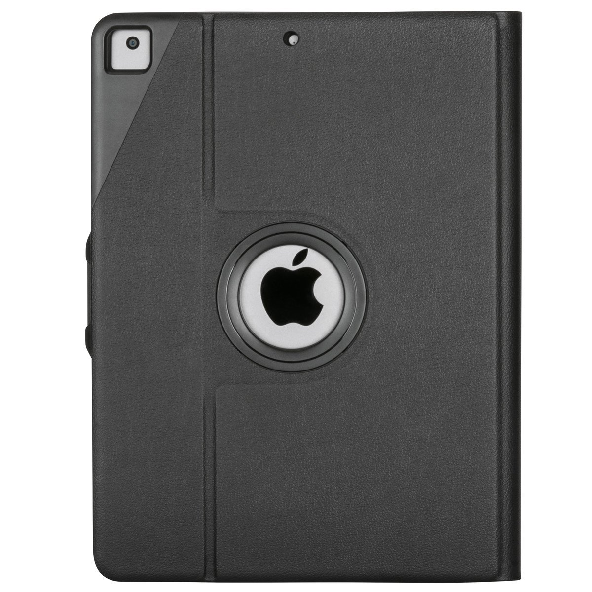 Apple logosu olan siyah tablet kılıfı. Sol üst köşede kamera boşluğu.
