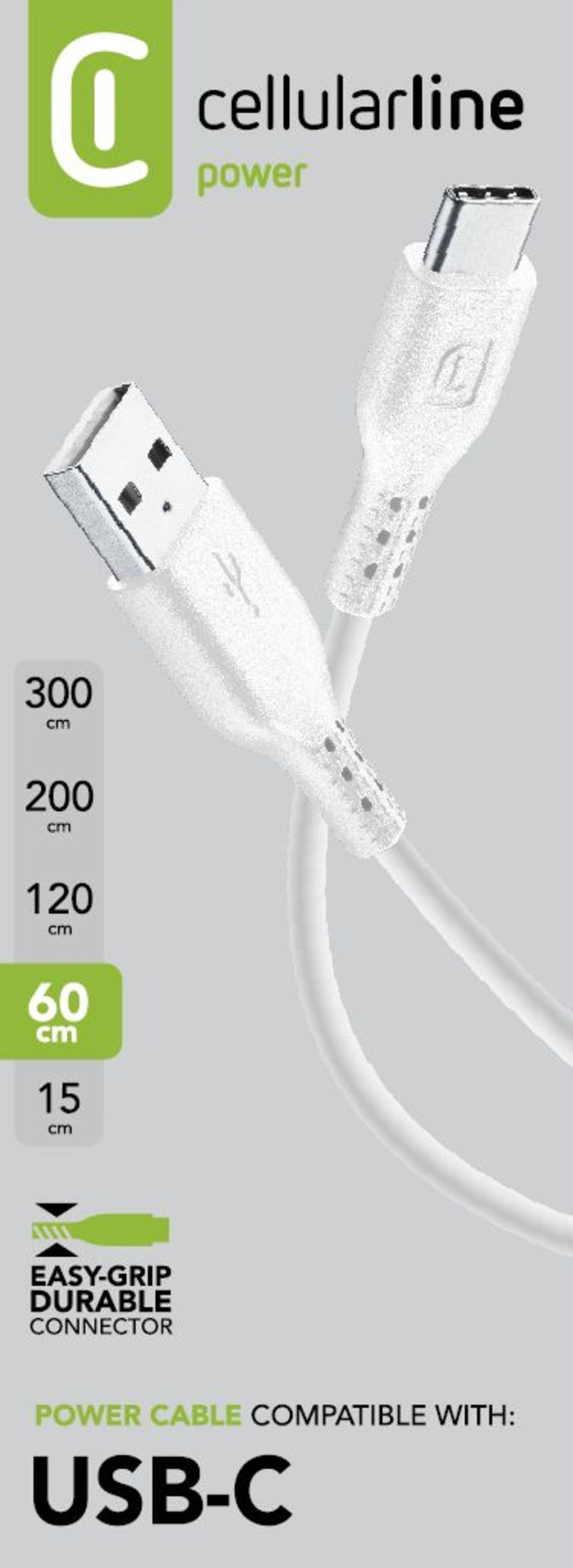 Beyaz bir konektör ve markalama ile beyaz bir USB-C kablosu.