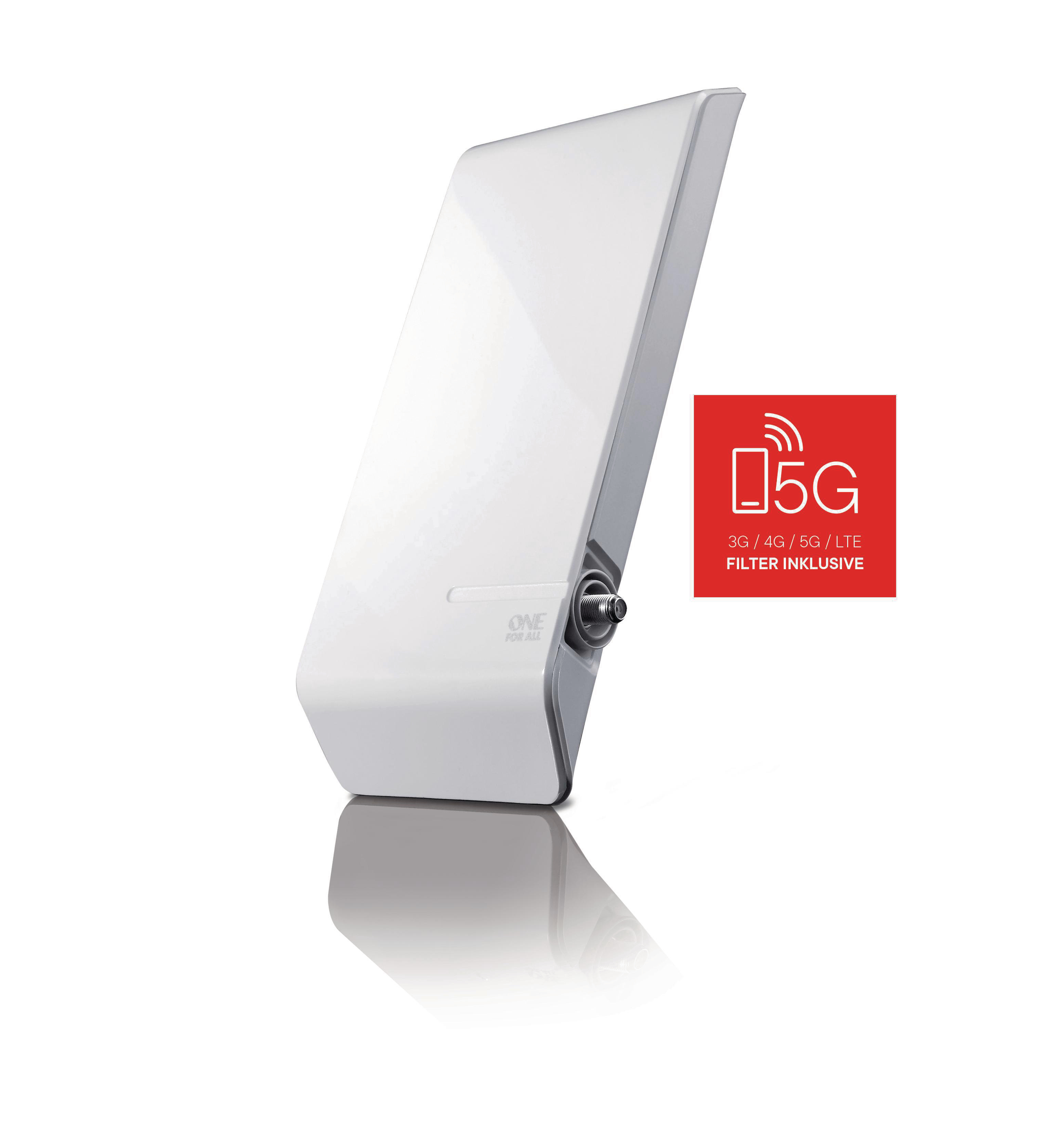 Eine weiße Antenne mit 5G-Logo, zur Verbesserung des Signalempfangs für Mobilgeräte.