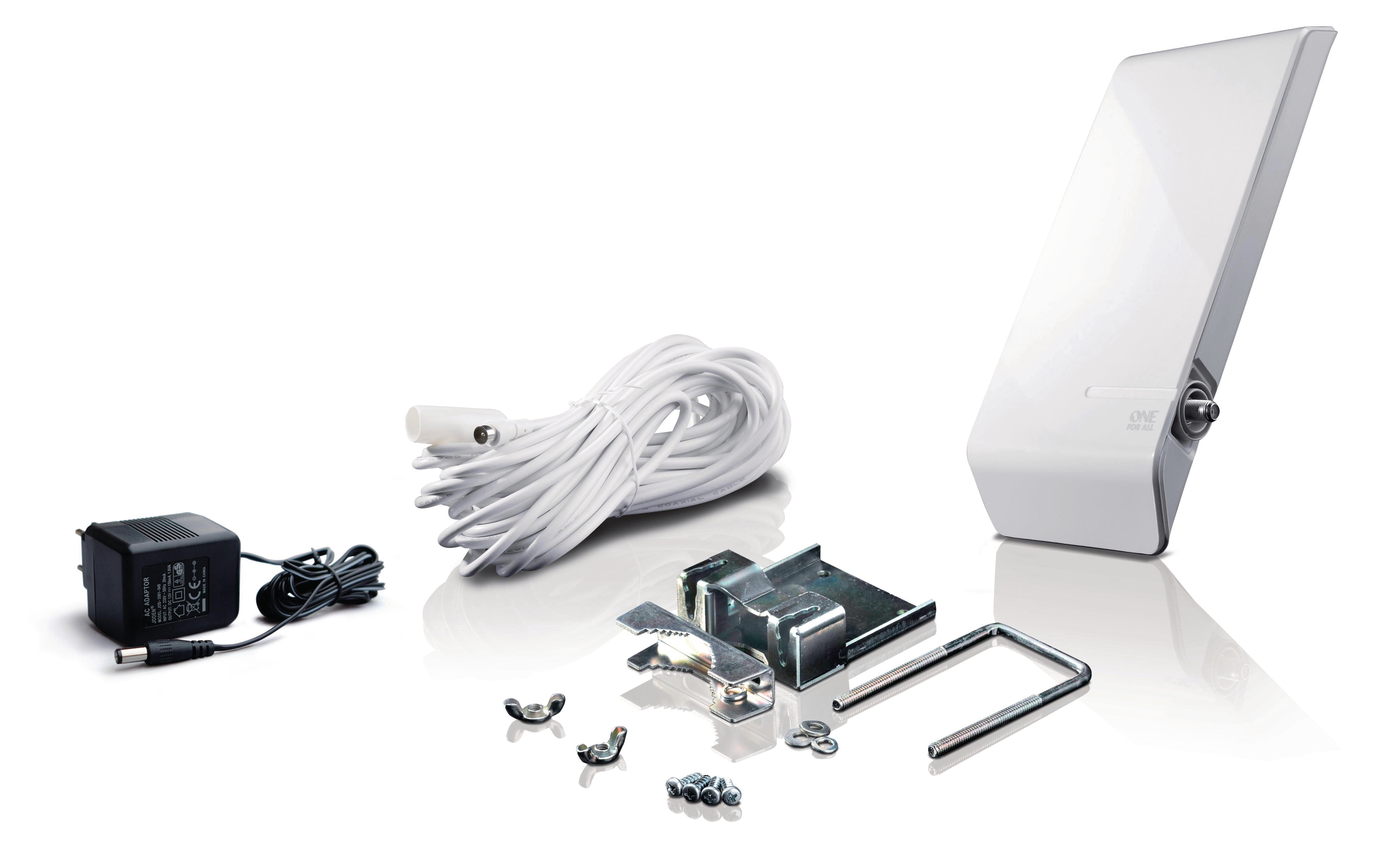 Ein Antennen-Kit mit verschiedenen Komponenten: eine weiße Antenne, ein Netzteil und Befestigungsmaterial.