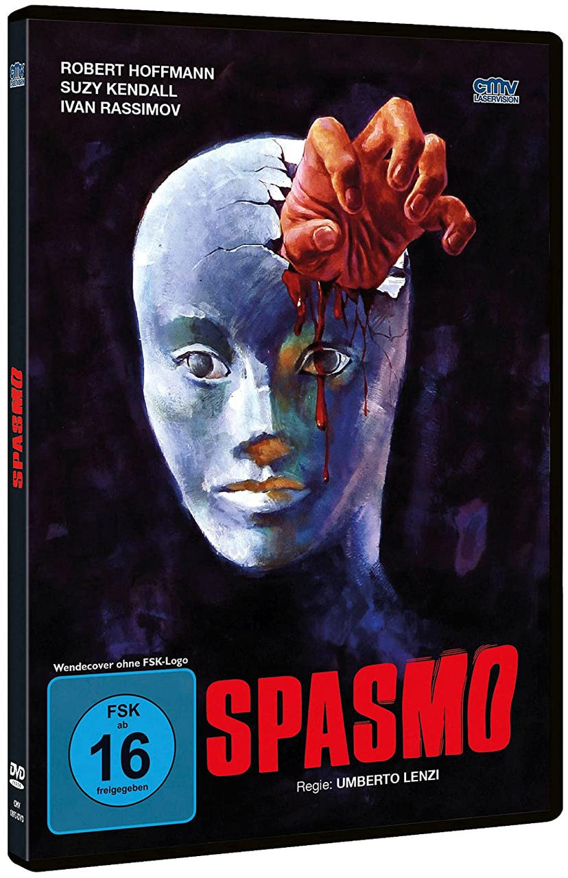 DVD-Cover des Films 'Spasmo'. Zeigt ein blaues Gesicht mit einer Hand, die aus dem Kopf kommt.