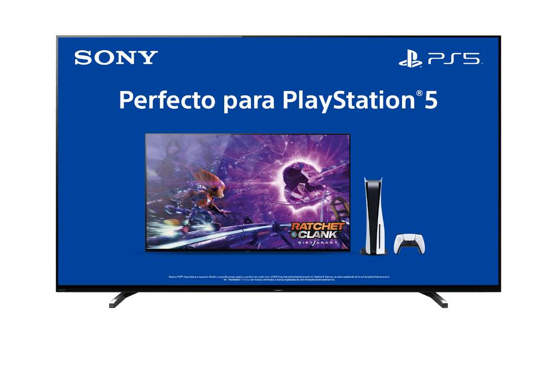 TV Sony que muestra una pantalla de juego. La consola PS5 y el mando están al lado del televisor.
