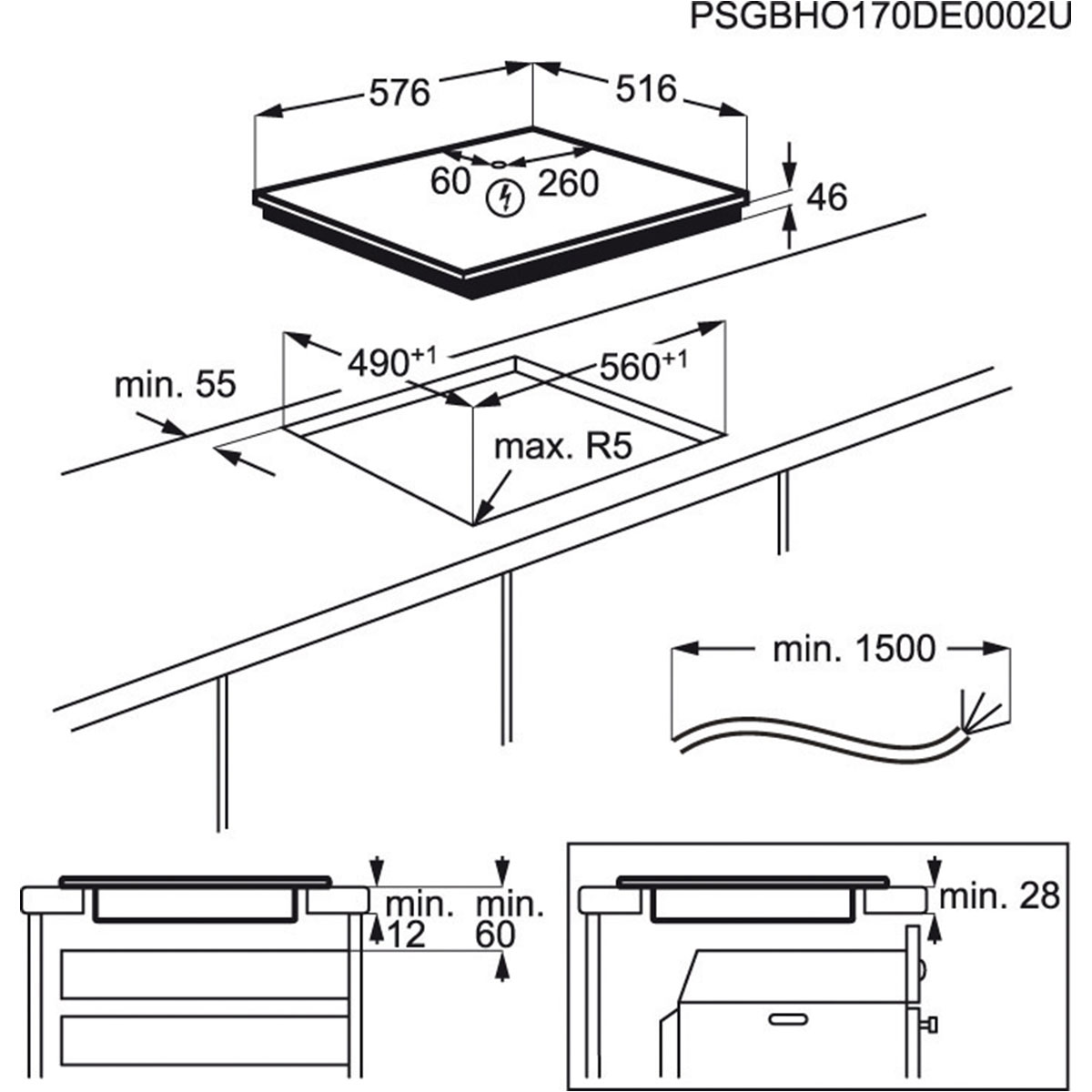 Diagramm eines schwarzen Kochfelds mit Abmessungen und Beschriftungen.